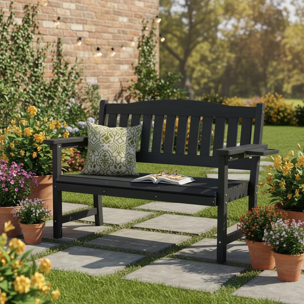 2-Person HIPS Outdoor Bench, Weatherproof Garden Bench with 800 lbs Weight Capacity, Artificial Wood Grains