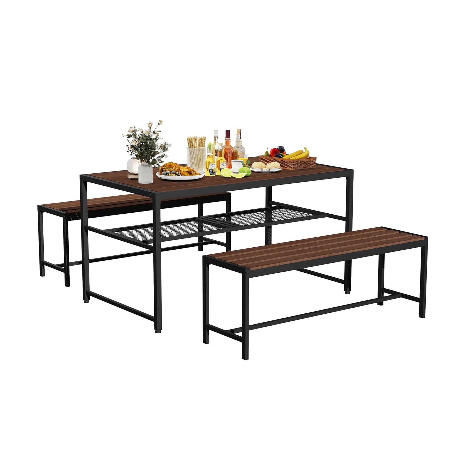 55'' Outdoor Picnic Table and Bench Set with 2" Umbrella Hole and Storage Shelf, Patio Dining Set for 6 People