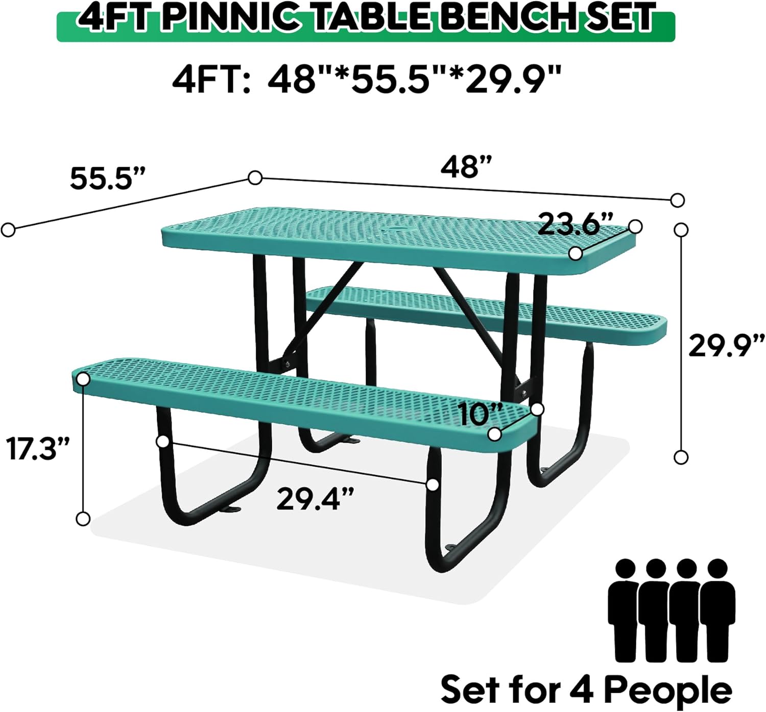 4FT Metal Picnic Tables for Outdoors, Commercial Rectangular Picnic Table and Bench Set