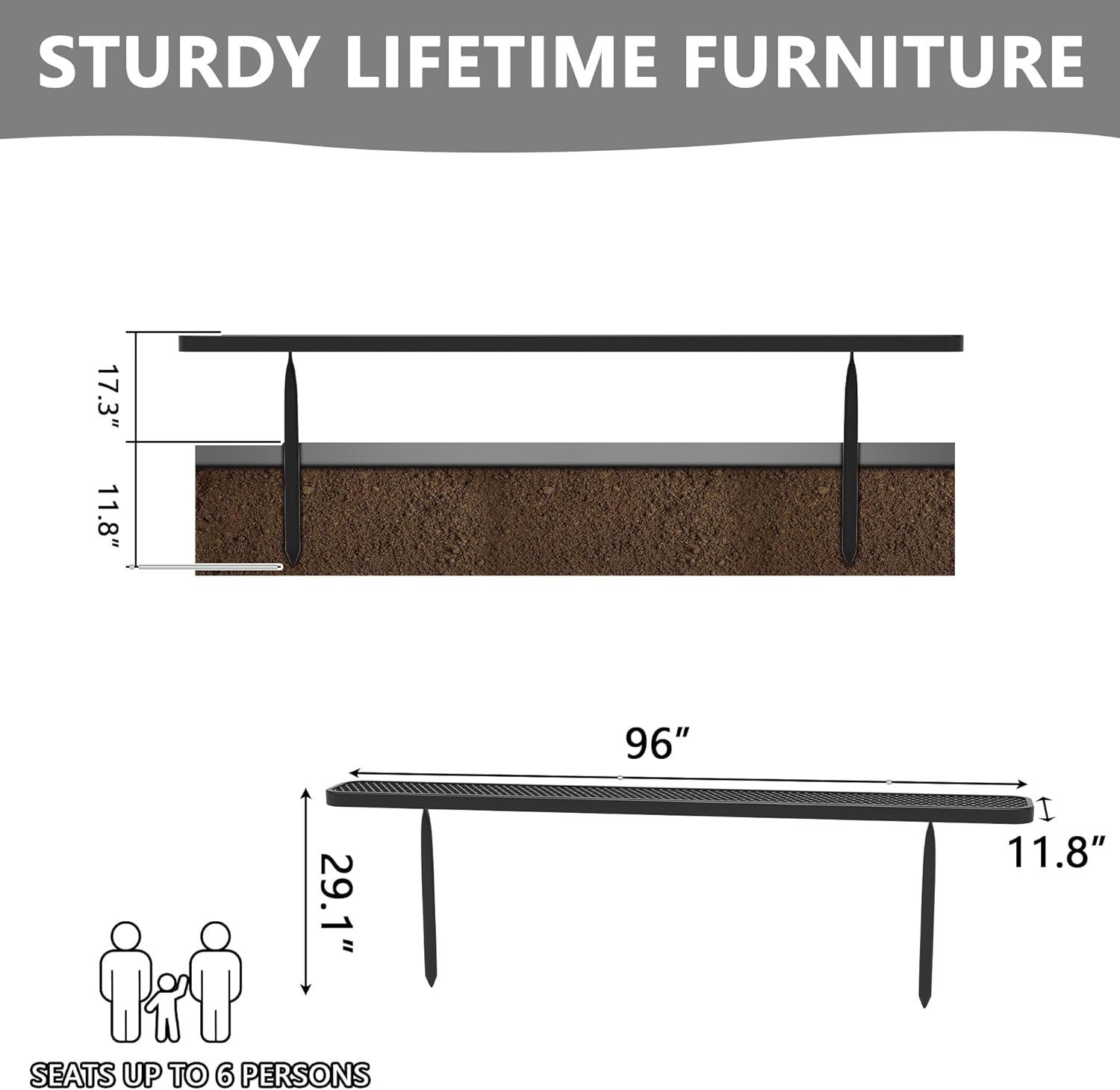 8 FT Heavy Duty Metal Park Bench for Outside, Outdoor Backless Bench with Thermoplastic Coating