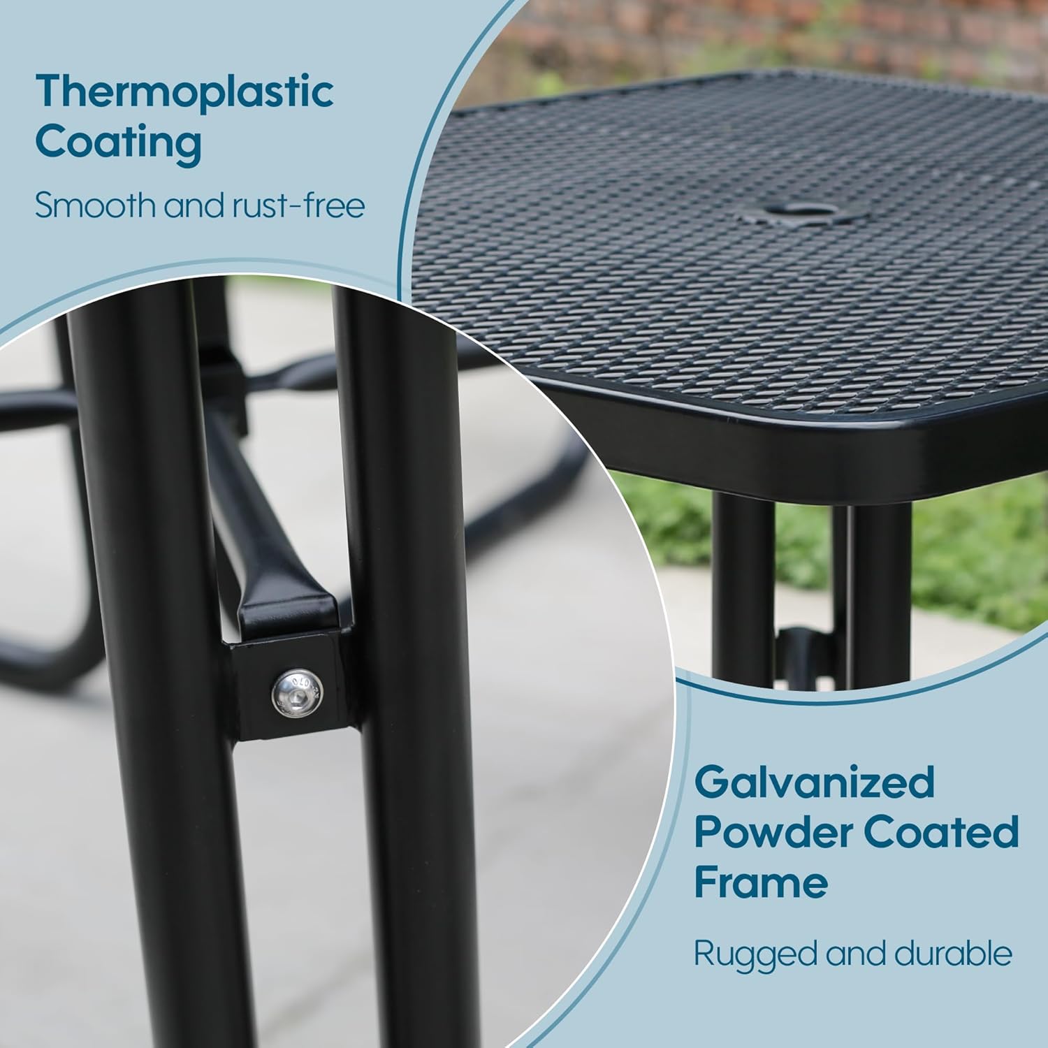 8-Person Picnic Tables for Outdoors, Industrial 46" Expanded Metal Square Picnic Table with 4 Benches & Umbrella Hole