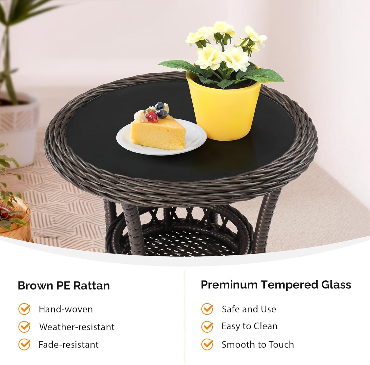 Patio Side Tables for Outside Tempered Glass Top Wicker Table