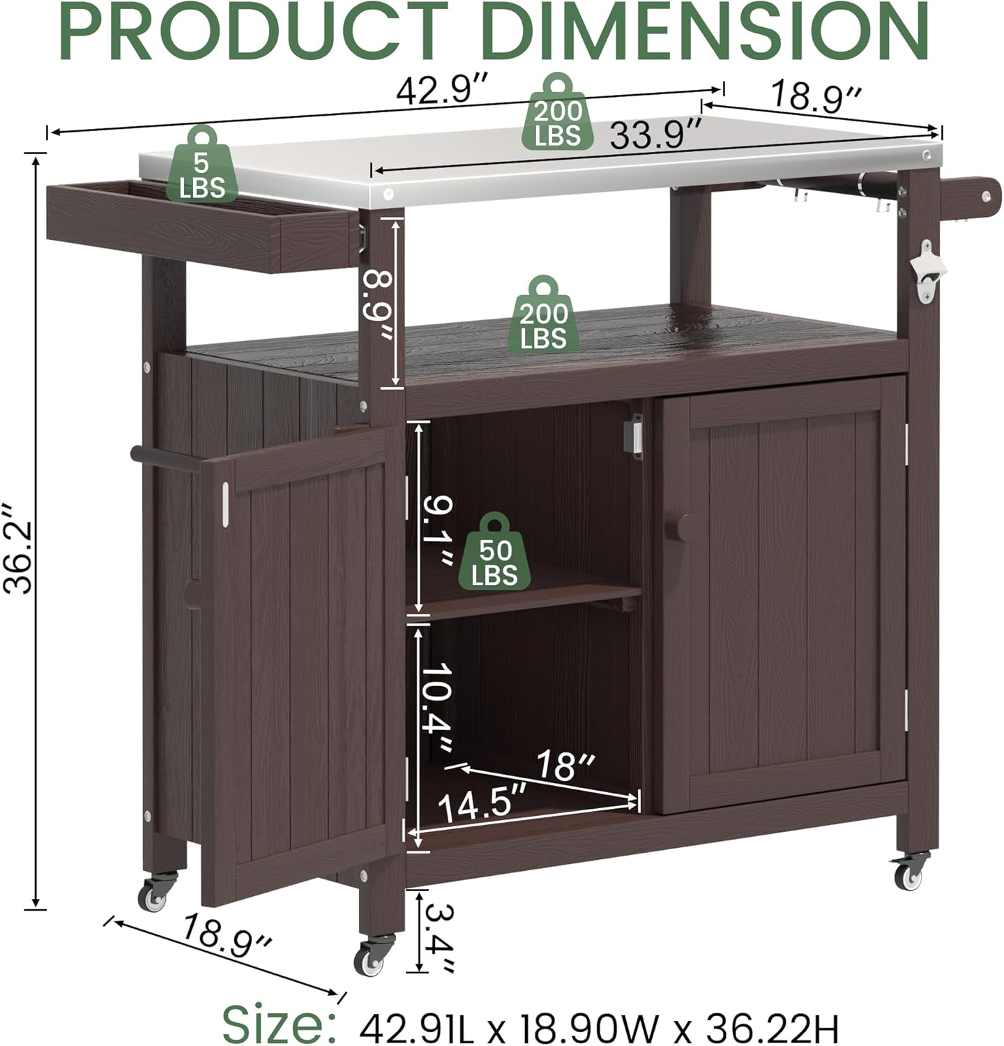 Weatherproof HIPS Outdoor Kitchen Island with Stainless Steel Top & Storage Cabinet
