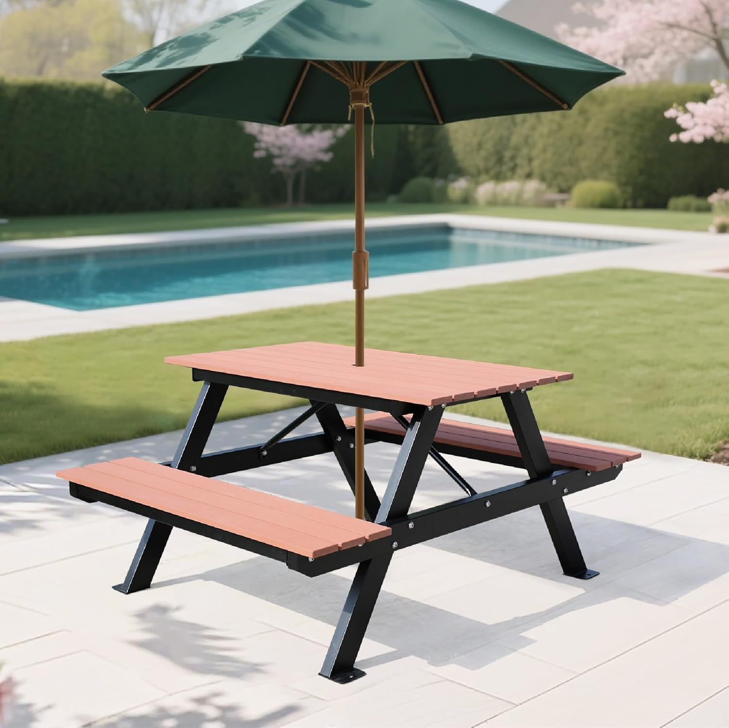 4FT Outdoor Picnic Table and Bench Set with 2" Umbrella Hole, WPC Tabletop Seattop Patio Dining Set for 4 People