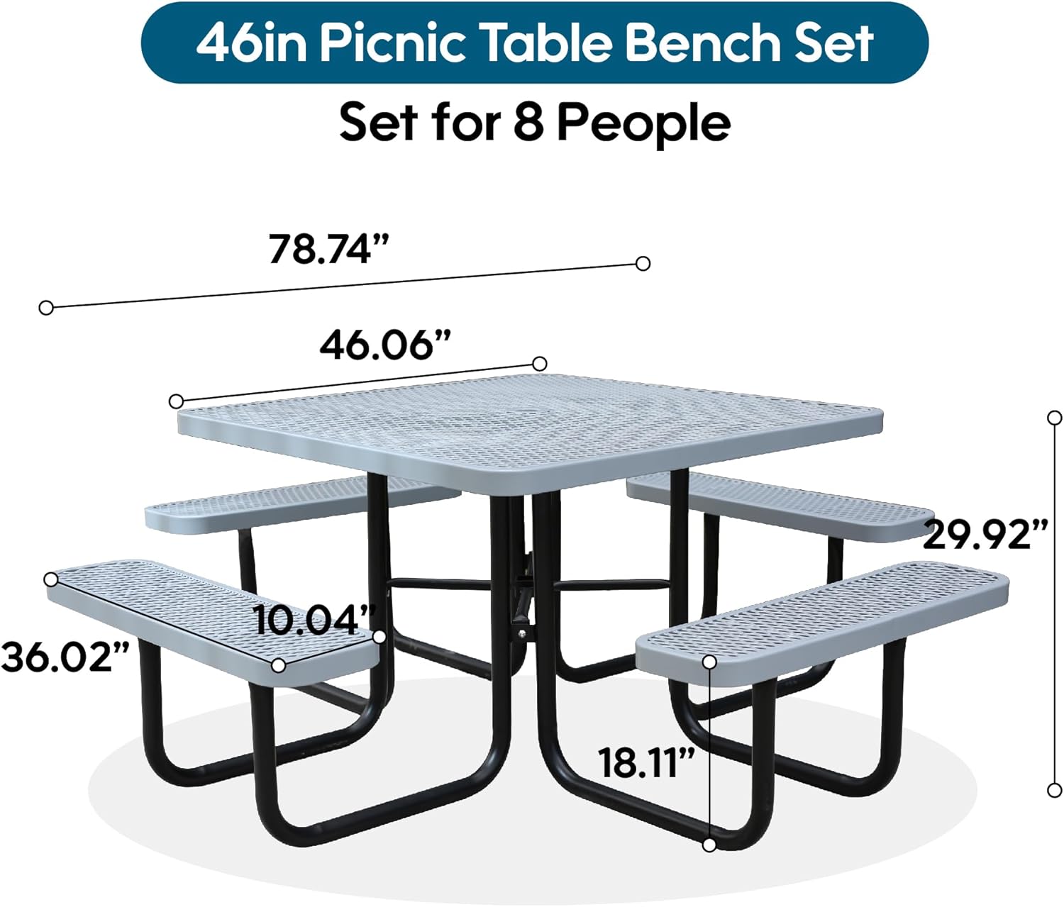8-Person Picnic Tables for Outdoors, Industrial 46" Expanded Metal Square Picnic Table with 4 Benches & Umbrella Hole