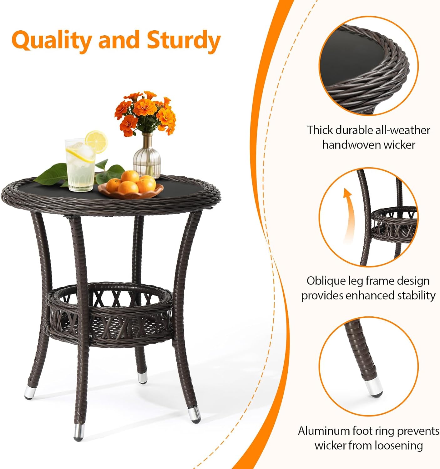 Patio Side Tables for Outside Tempered Glass Top Wicker Table