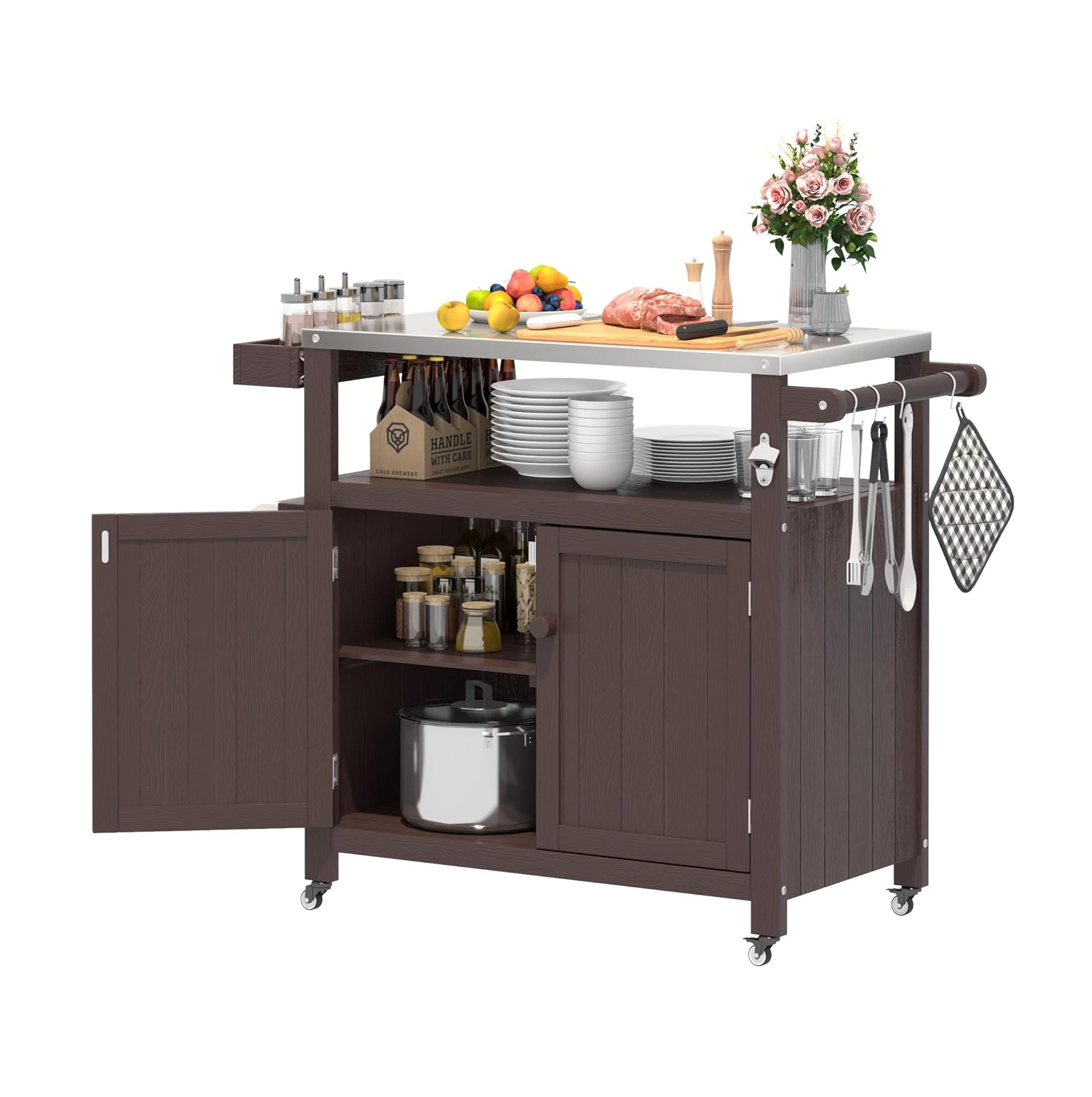 Weatherproof HIPS Outdoor Kitchen Island with Stainless Steel Top & Storage Cabinet