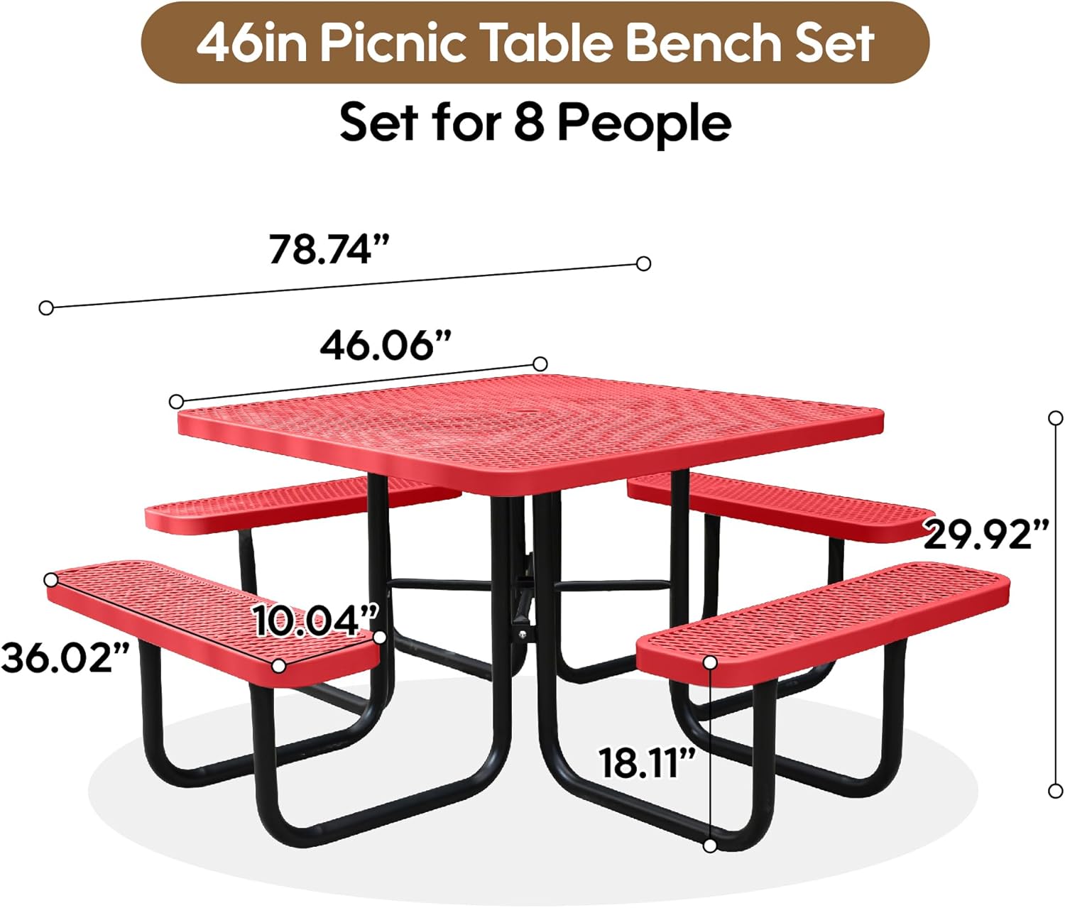 8-Person Picnic Tables for Outdoors, Industrial 46" Expanded Metal Square Picnic Table with 4 Benches & Umbrella Hole