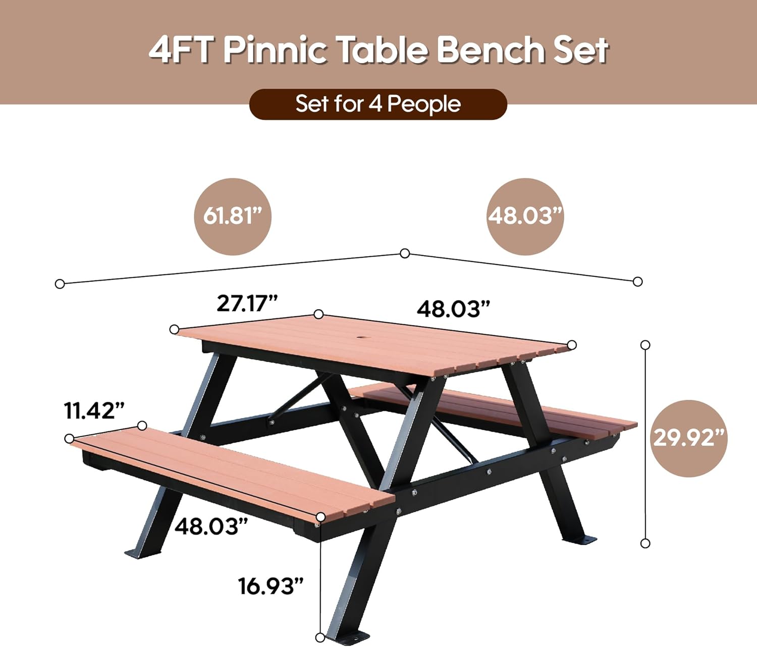 4FT Outdoor Picnic Table and Bench Set with 2" Umbrella Hole, WPC Tabletop Seattop Patio Dining Set for 4 People