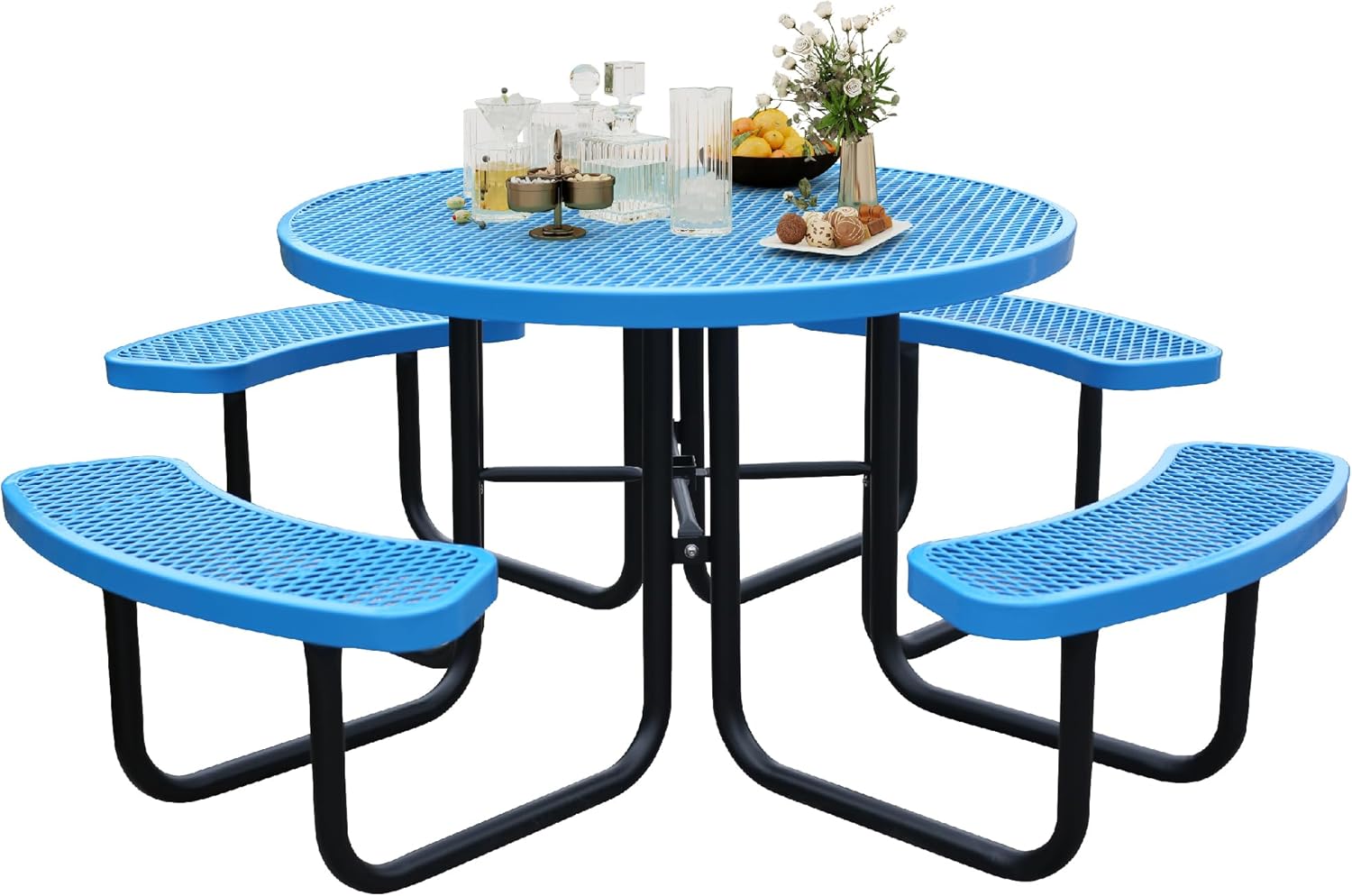 8-Person Picnic Tables for Outdoors, Industrial 46" Expanded Metal Round Picnic Table with 4 Benches & Umbrella Hole