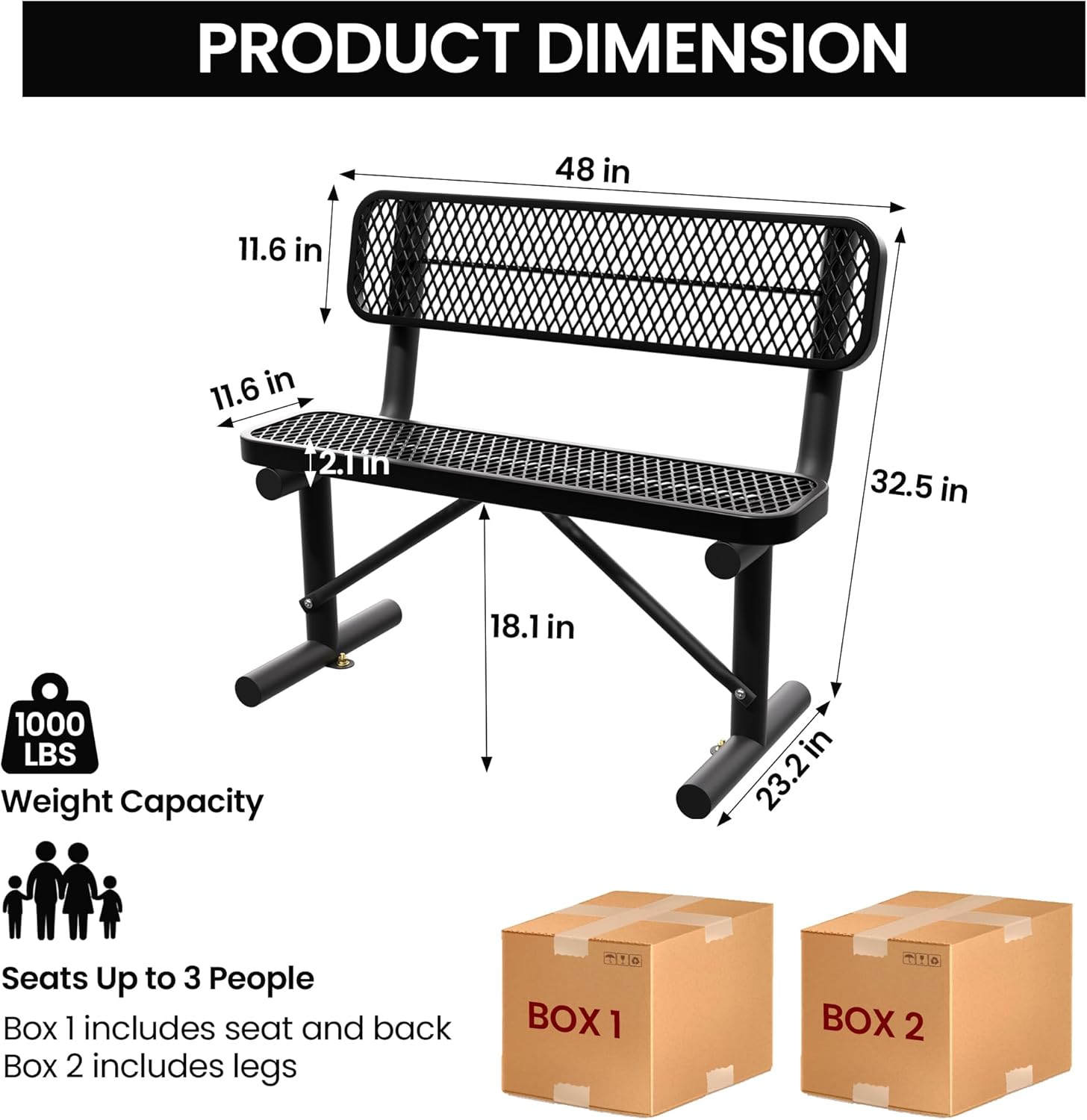 4 Feet Heavy Duty Metal Park Bench for Outside, Outdoor Bench with Backrest & Portable Frame