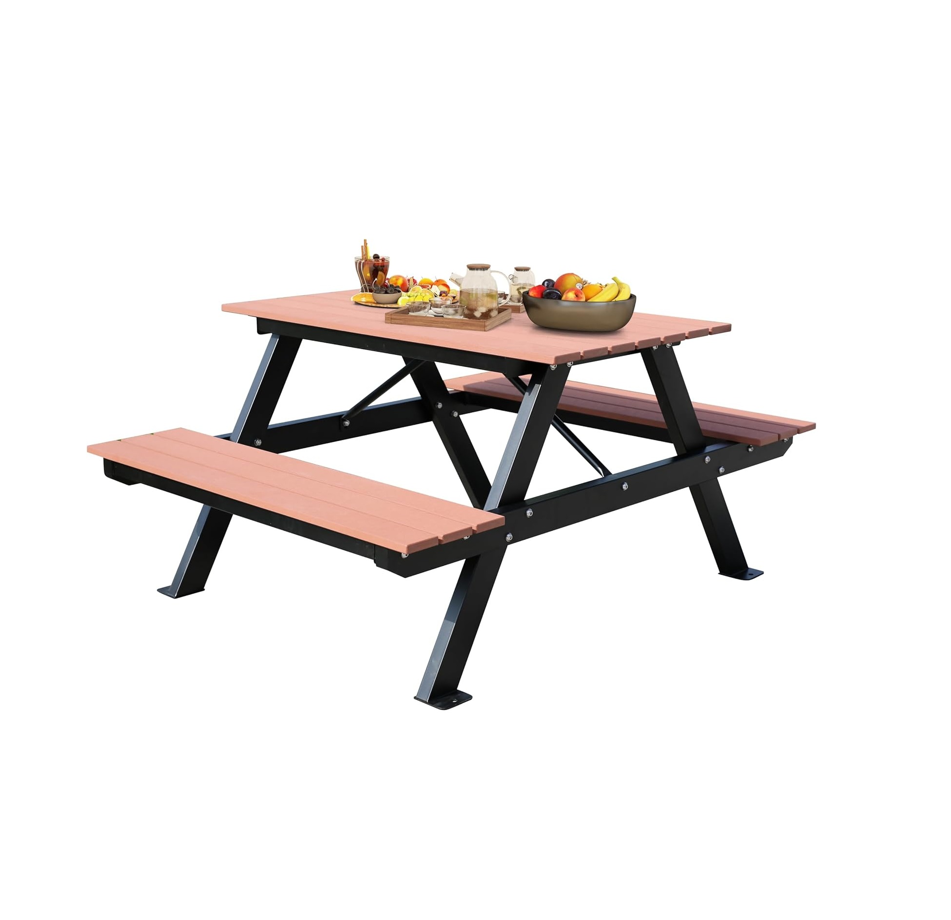 4FT Outdoor Picnic Table and Bench Set with 2" Umbrella Hole, WPC Tabletop Seattop Patio Dining Set for 4 People