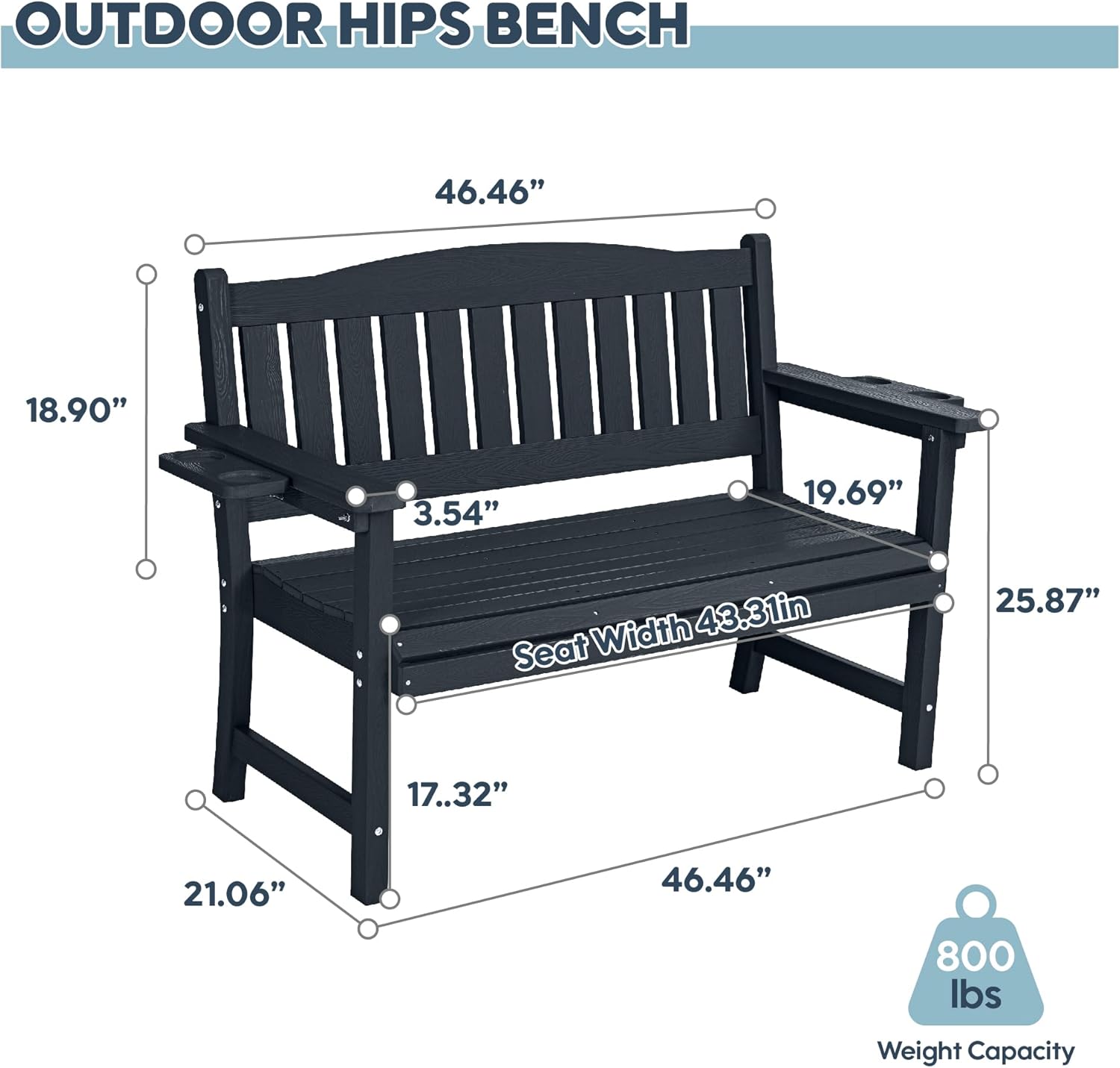 2-Person HIPS Outdoor Bench, Weatherproof Garden Bench with 800 lbs Weight Capacity, Artificial Wood Grains