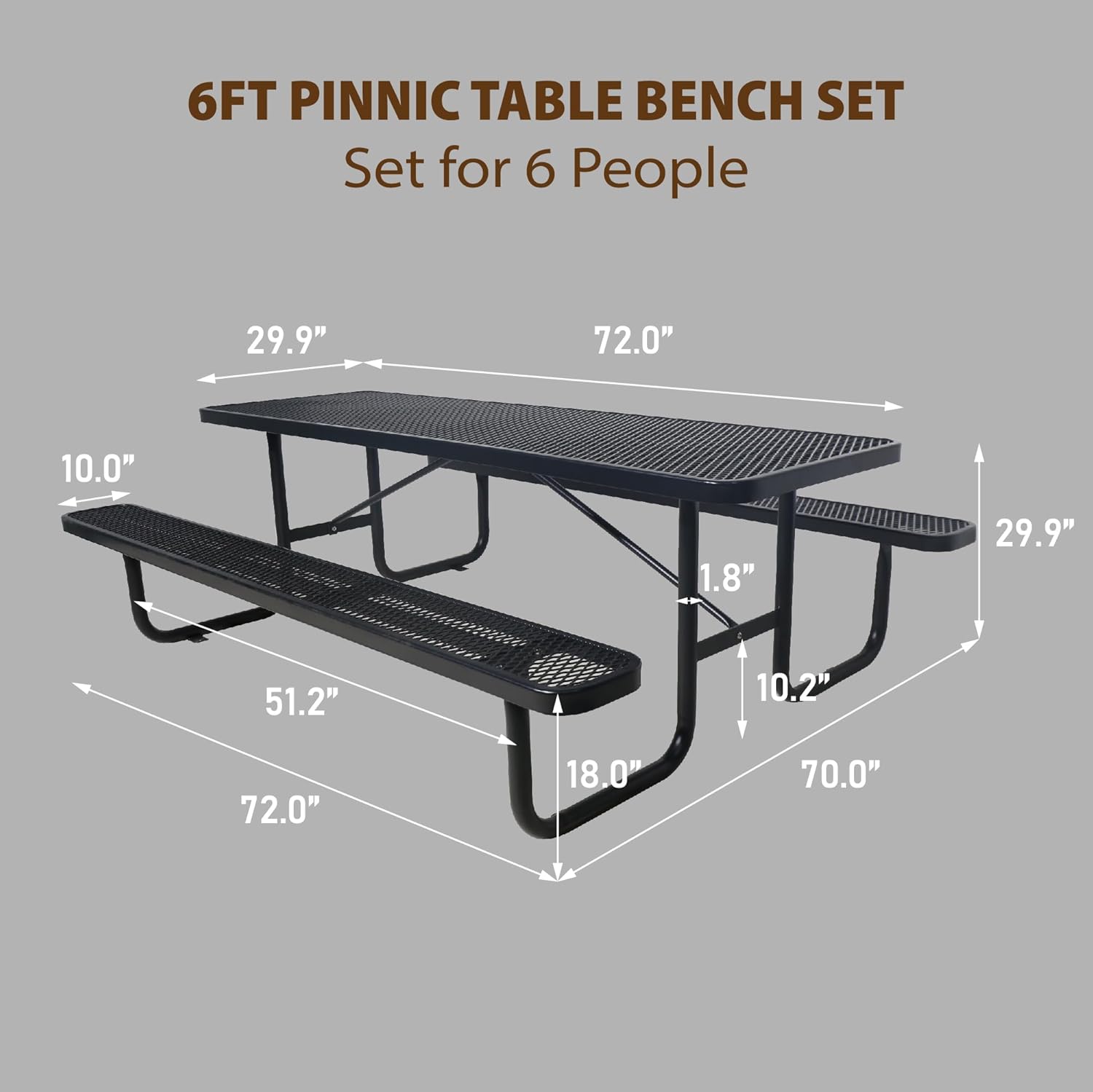 6FT Metal Picnic Tables for Outdoors, Commercial Rectangular Picnic Table and Bench Set for Outside