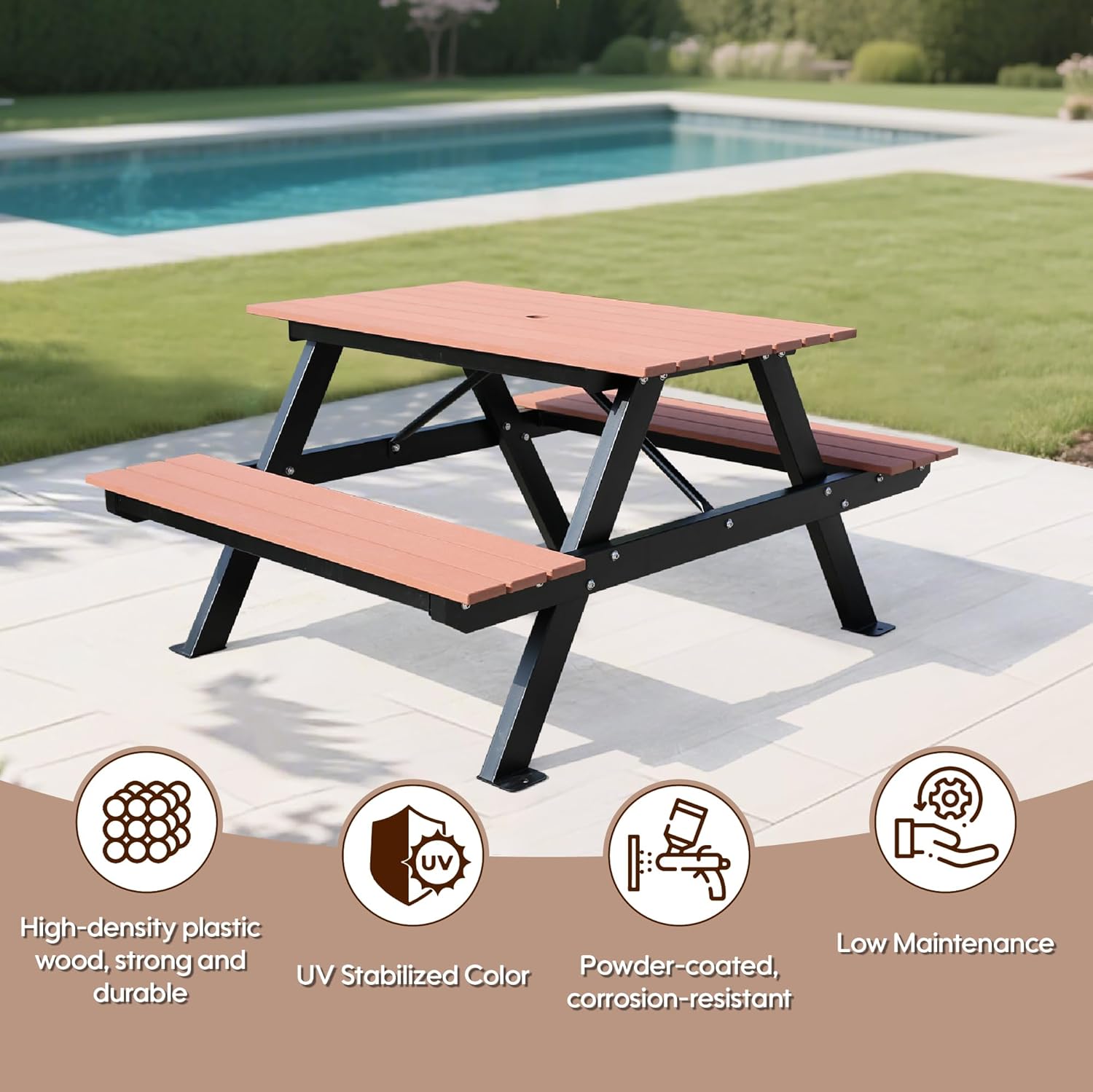4FT Outdoor Picnic Table and Bench Set with 2" Umbrella Hole, WPC Tabletop Seattop Patio Dining Set for 4 People