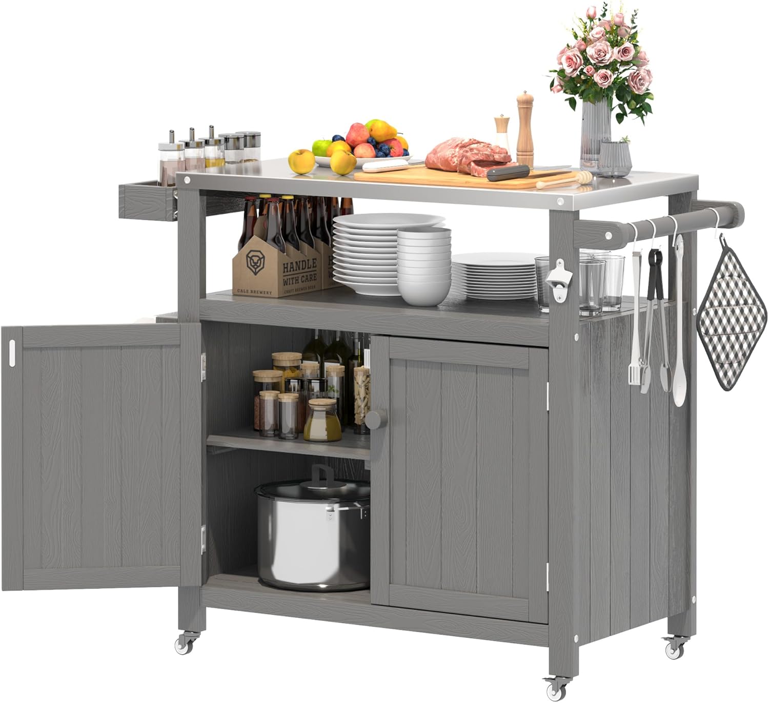 Weatherproof HIPS Outdoor Kitchen Island with Stainless Steel Top & Storage Cabinet