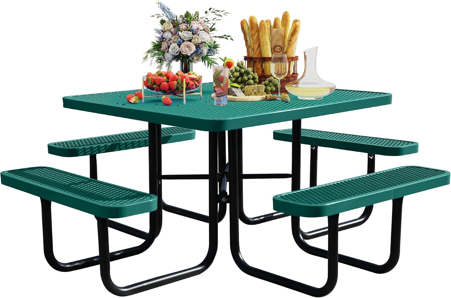 8-Person Picnic Tables for Outdoors, Industrial 46" Expanded Metal Square Picnic Table with 4 Benches & Umbrella Hole