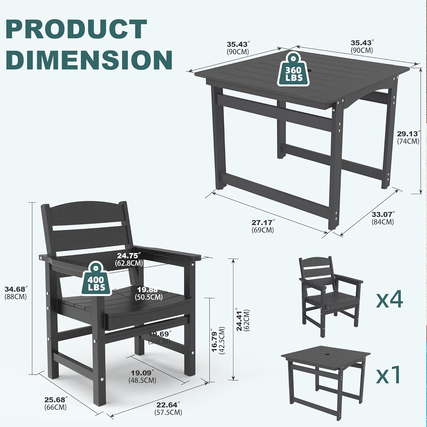 5-Piece HIPS Patio Dining Set, Outdoor Dining Table and Chairs Set with Umbrella Hole, Weatherproof Dining Table Set for 6 Person