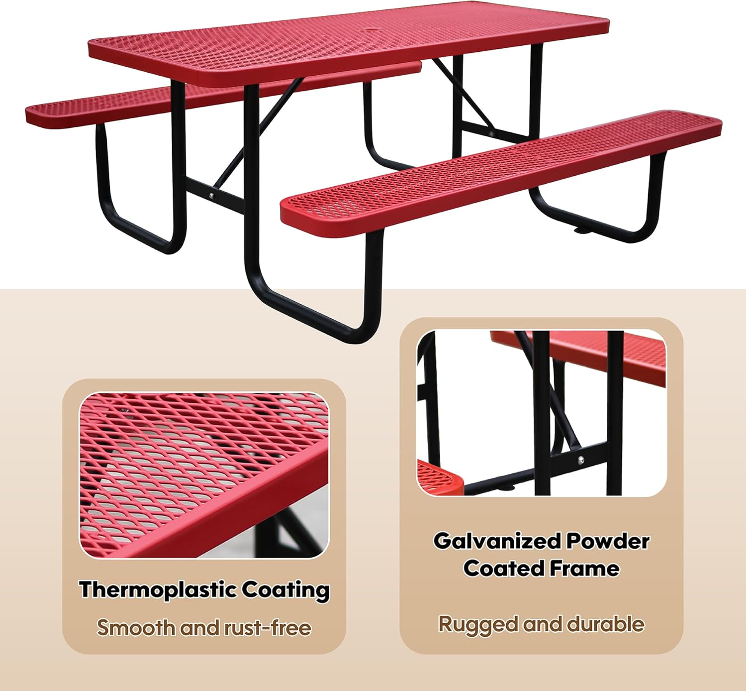 6FT Metal Picnic Tables for Outdoors, Commercial Rectangular Picnic Table and Bench Set