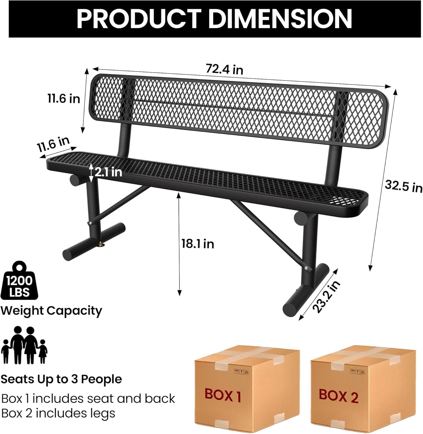 6 Feet Heavy Duty Metal Park Bench for Outside, Outdoor Bench with Backrest & Portable Frame
