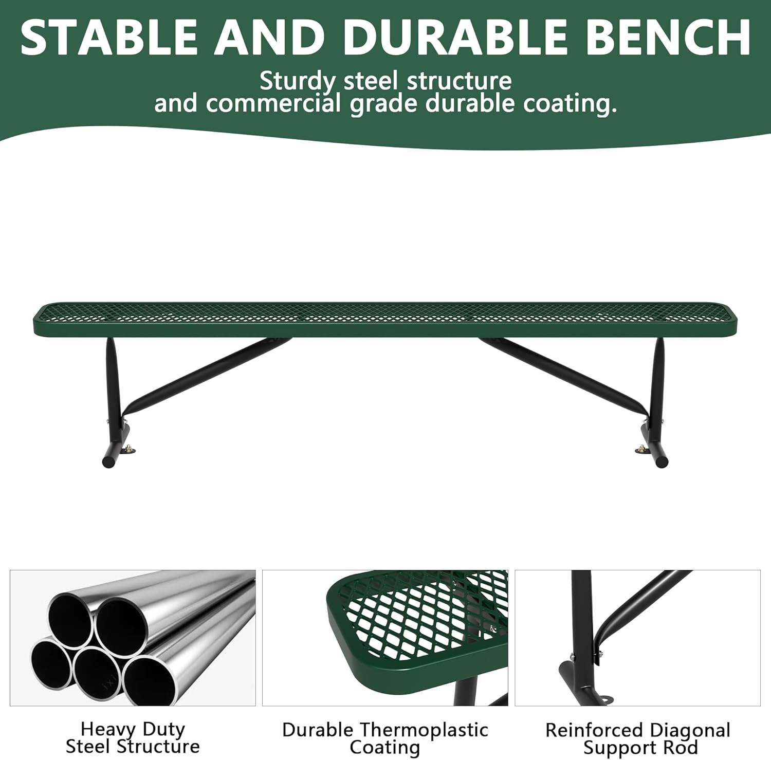 8 Feet Heavy Duty Metal Park Bench for Outside, Outdoor Bench with Portable Frame