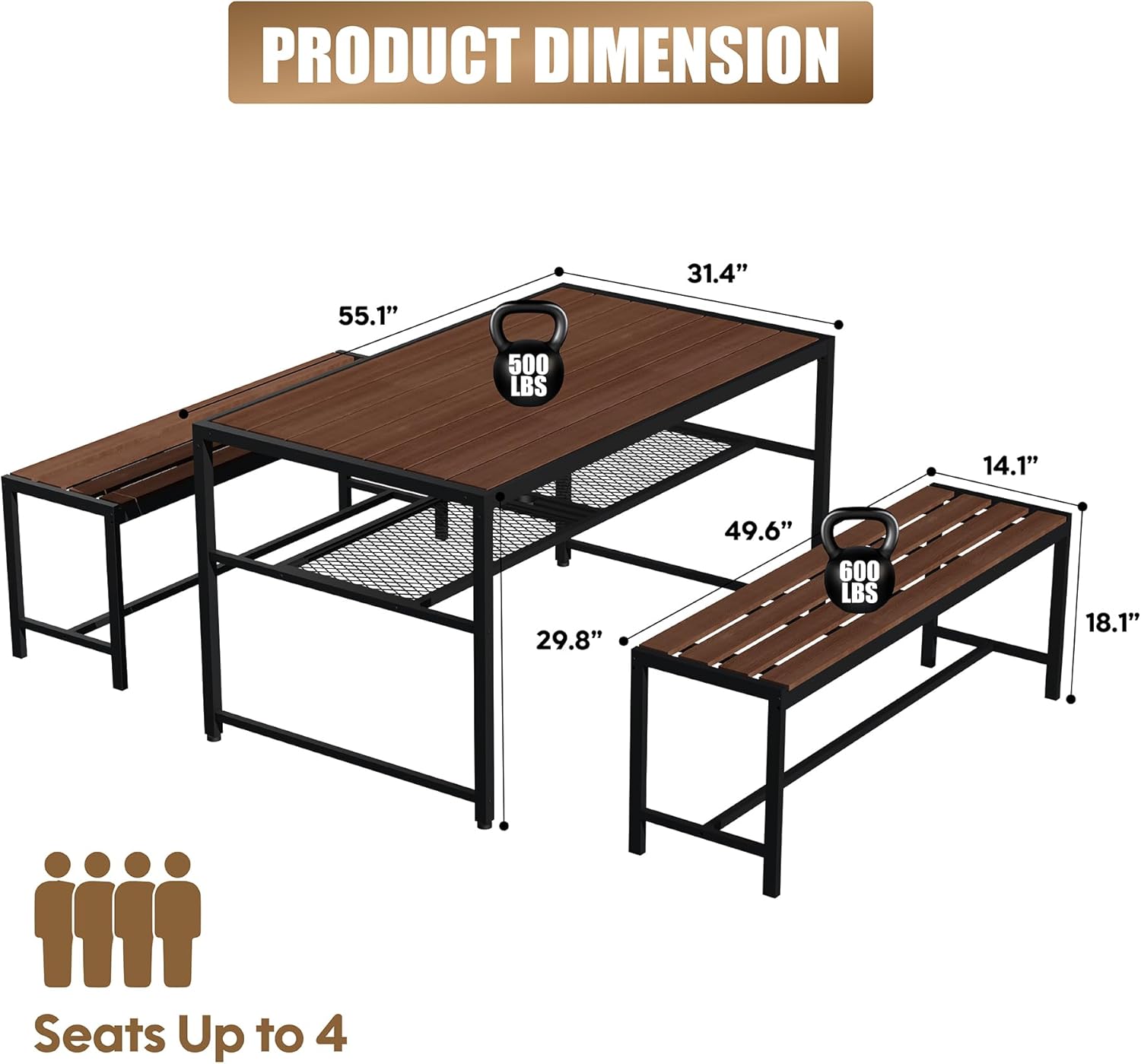 55'' Outdoor Picnic Table and Bench Set with 2" Umbrella Hole and Storage Shelf, Patio Dining Set for 6 People