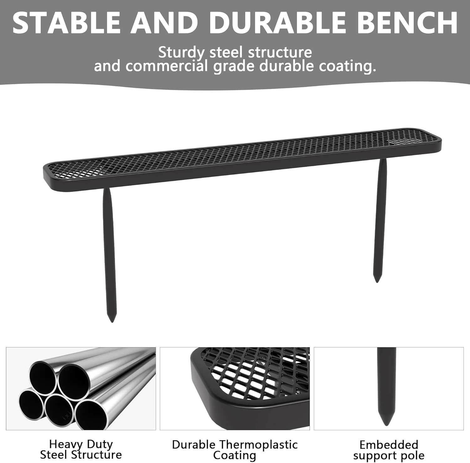 6 FT Heavy Duty Metal Park Bench for Outside, Outdoor Backless Bench with Thermoplastic Coating