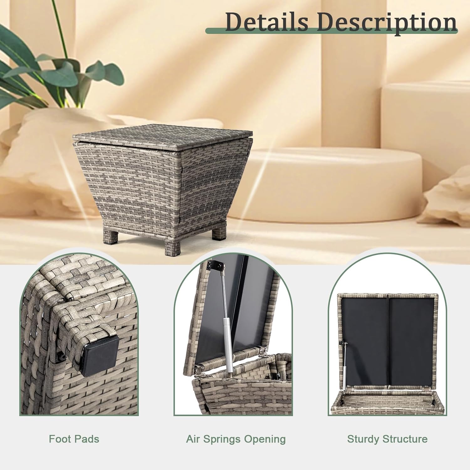 13-Gallon Patio Deck Box Outdoor Wicker Side Table for Poolside Balcony Storage Table