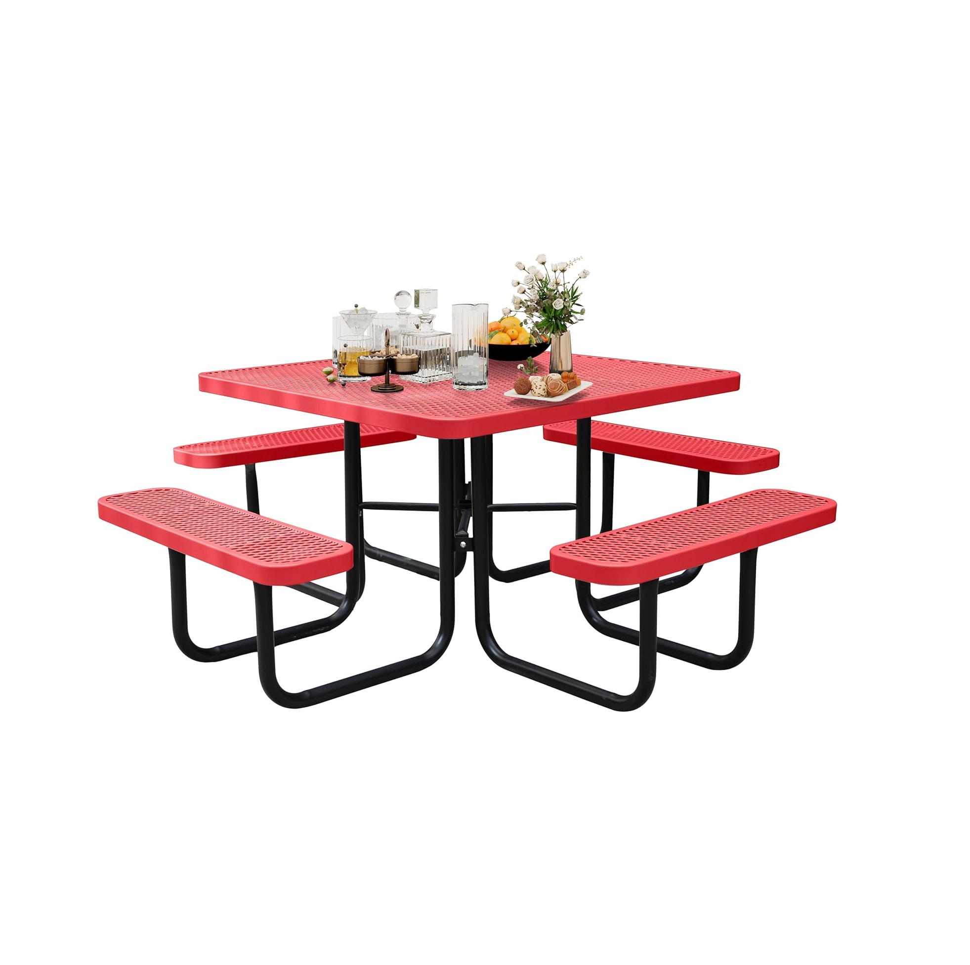 8-Person Picnic Tables for Outdoors, Industrial 46" Expanded Metal Square Picnic Table with 4 Benches & Umbrella Hole