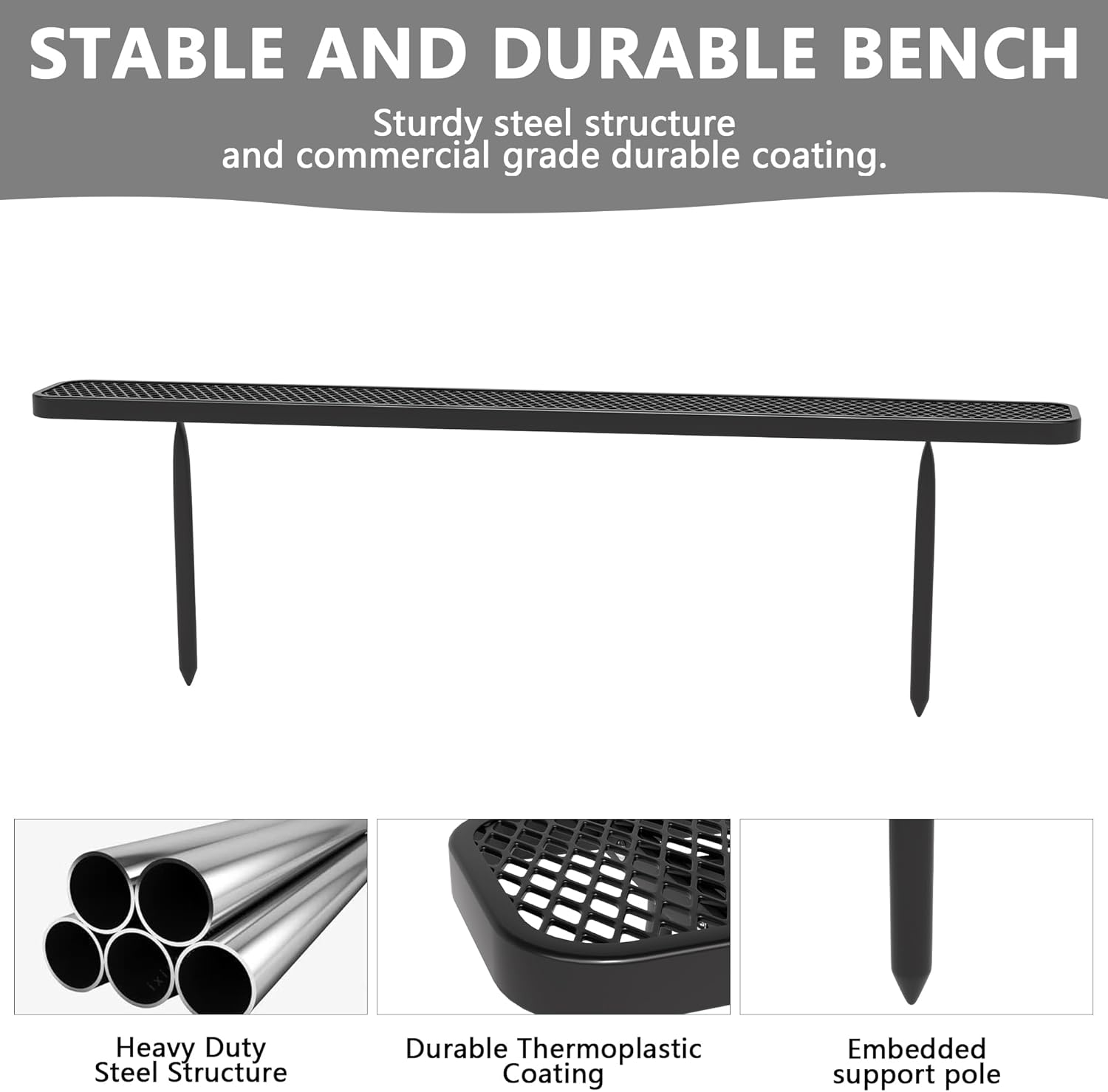 8 FT Heavy Duty Metal Park Bench for Outside, Outdoor Backless Bench with Thermoplastic Coating