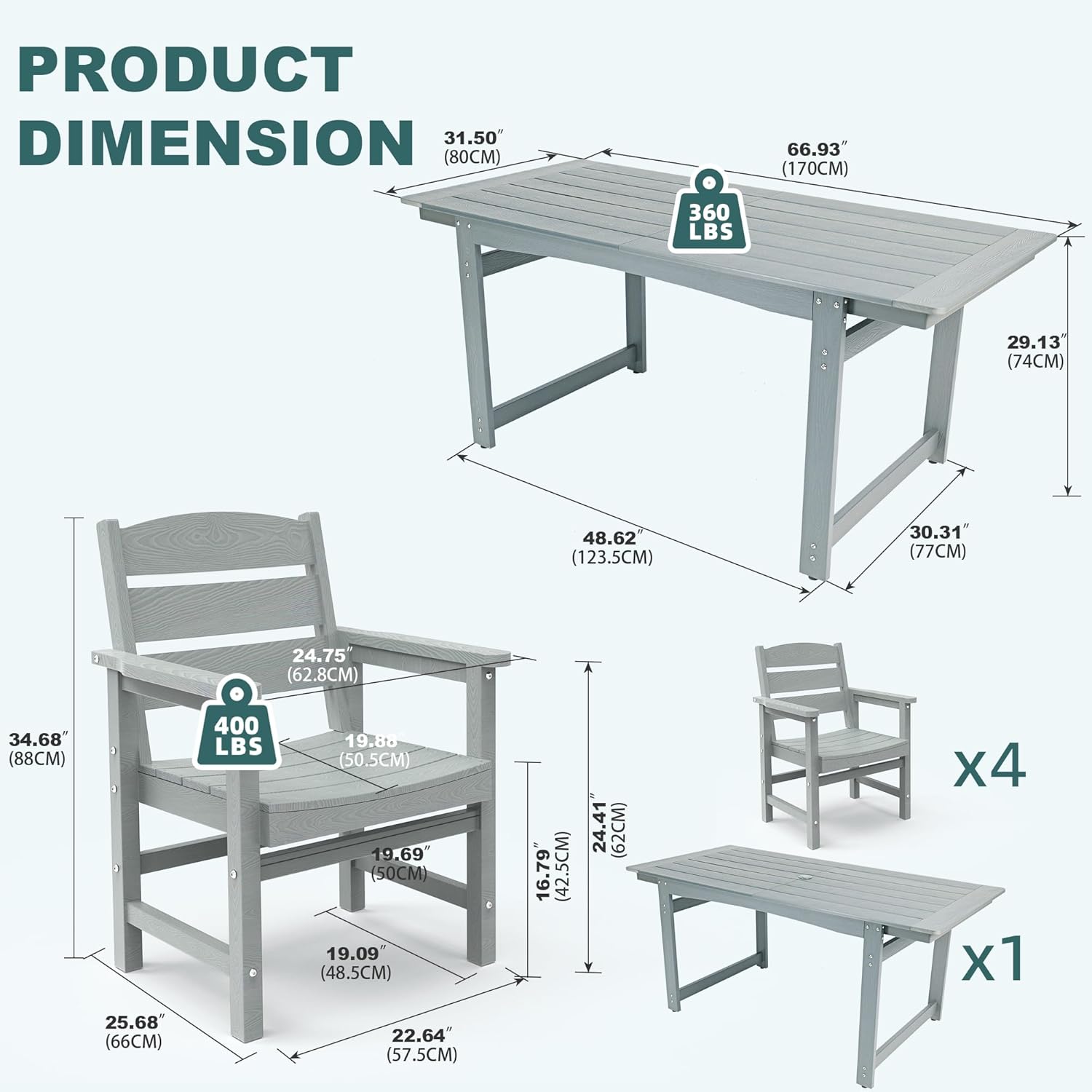 5-Piece HIPS Patio Dining Set, Outdoor Dining Table and Chairs Set with Umbrella Hole, Weatherproof Dining Table Set for 4 Person