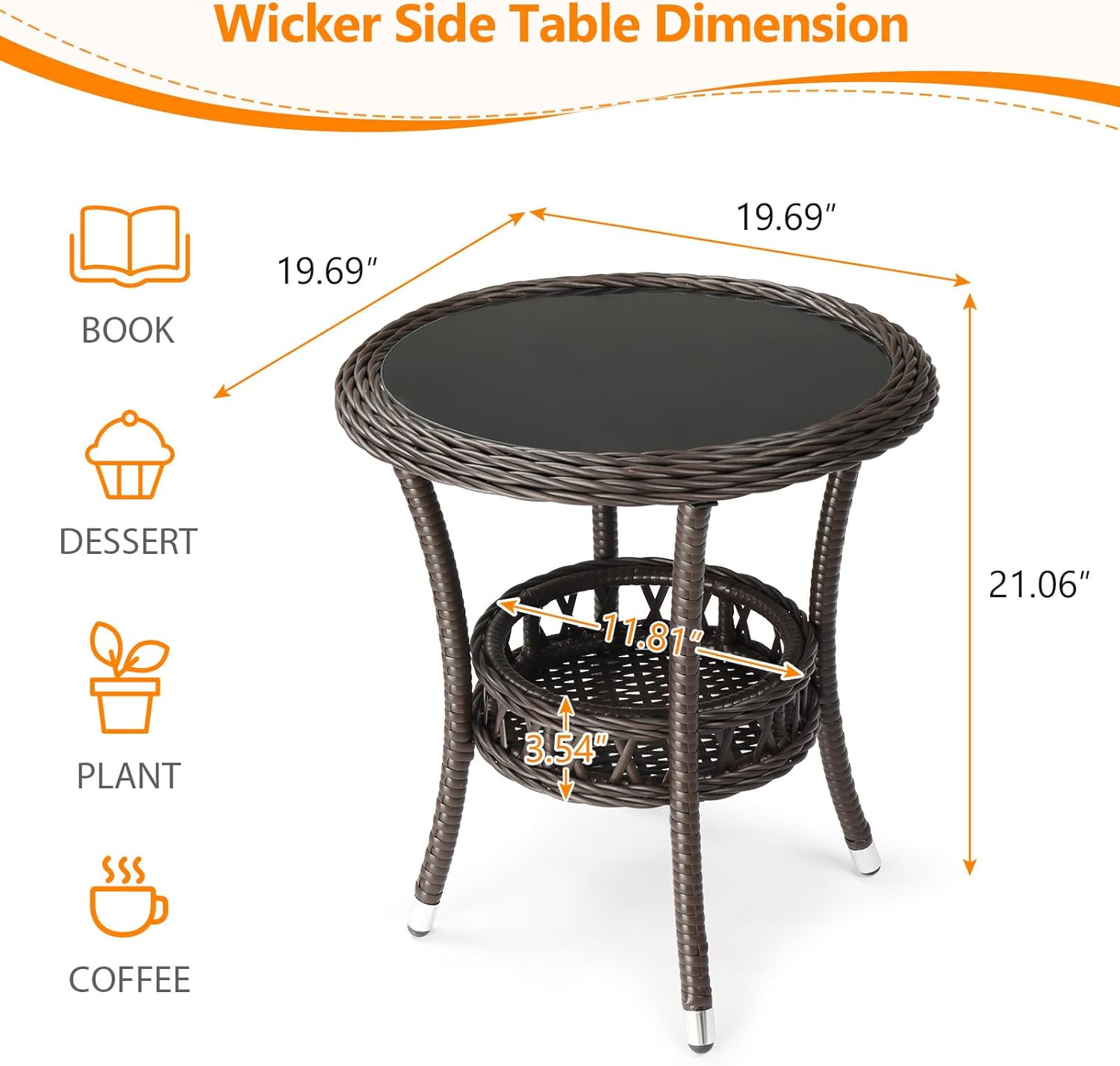Patio Side Tables for Outside Tempered Glass Top Wicker Table