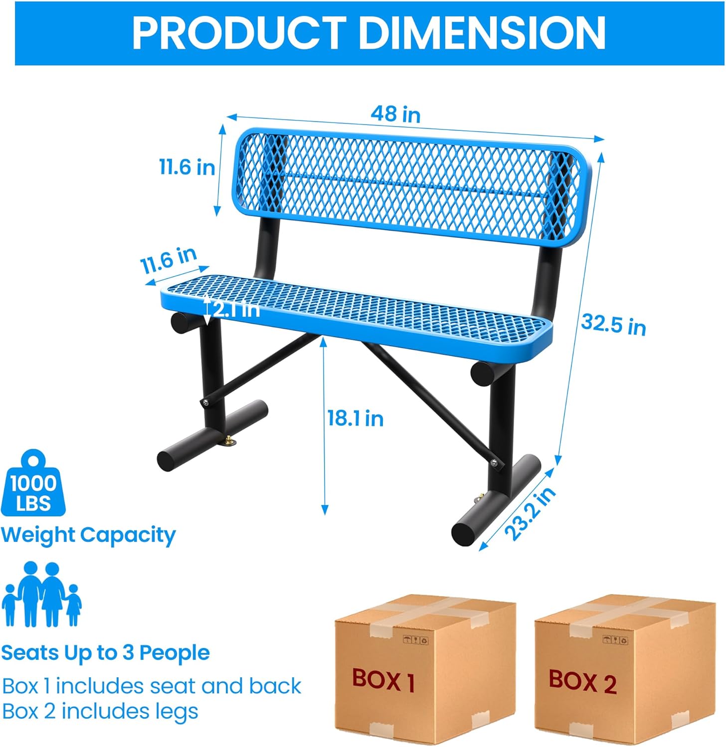 4 Feet Steel Metal Park Bench for Outside, Outdoor Bench with Backrest & Portable Frame, Thermoplastic Coating