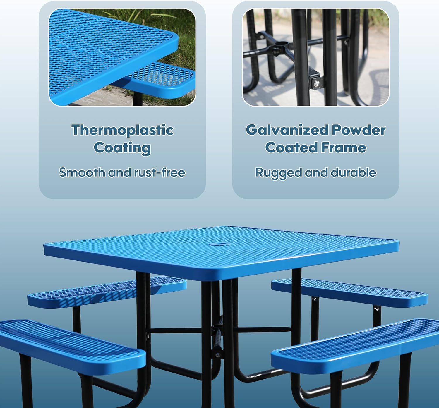 8-Person Picnic Tables for Outdoors, Industrial 46" Expanded Metal Square Picnic Table with 4 Benches & Umbrella Hole