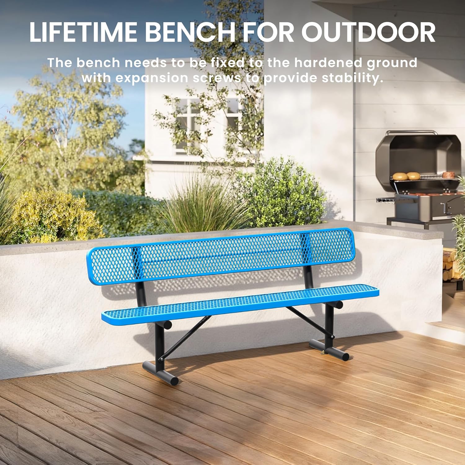 8 FT Steel Park Bench for Outside, Outdoor Bench with Backrest & Portable Frame, Thermoplastic Coating