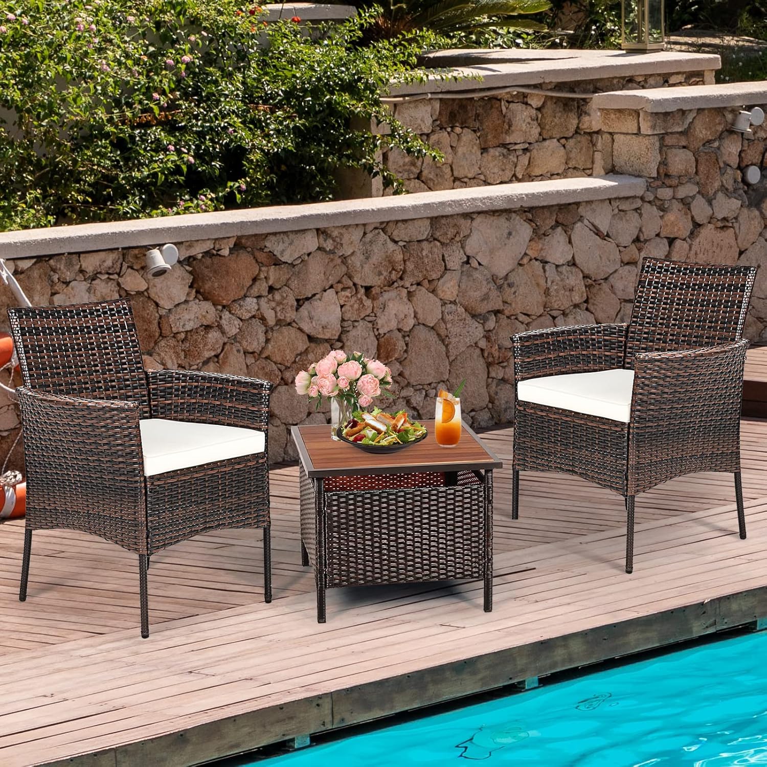 Outdoor PE Rattan Armchairs w/Cane Back, Seat Cushions for Bistro Porch Poolside Set of 2