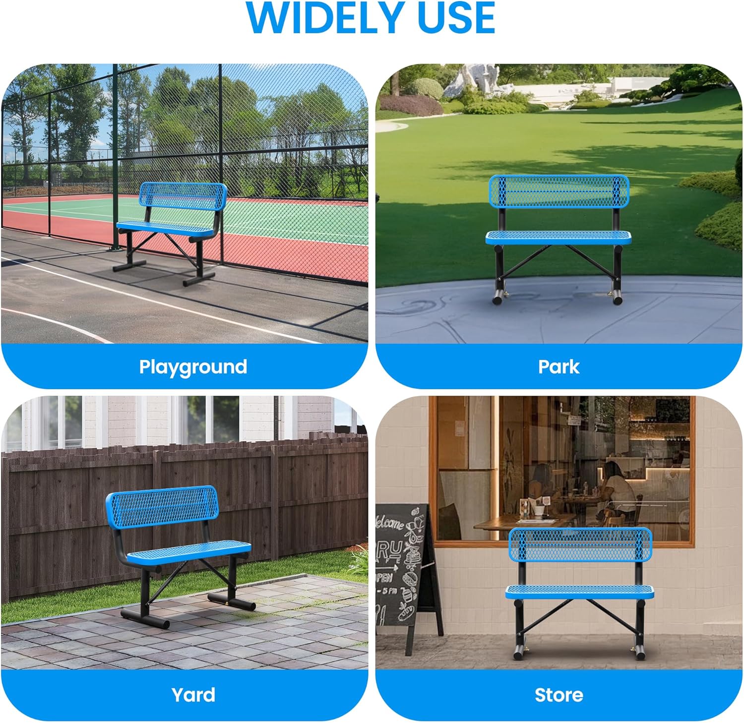 4 Feet Steel Metal Park Bench for Outside, Outdoor Bench with Backrest & Portable Frame, Thermoplastic Coating