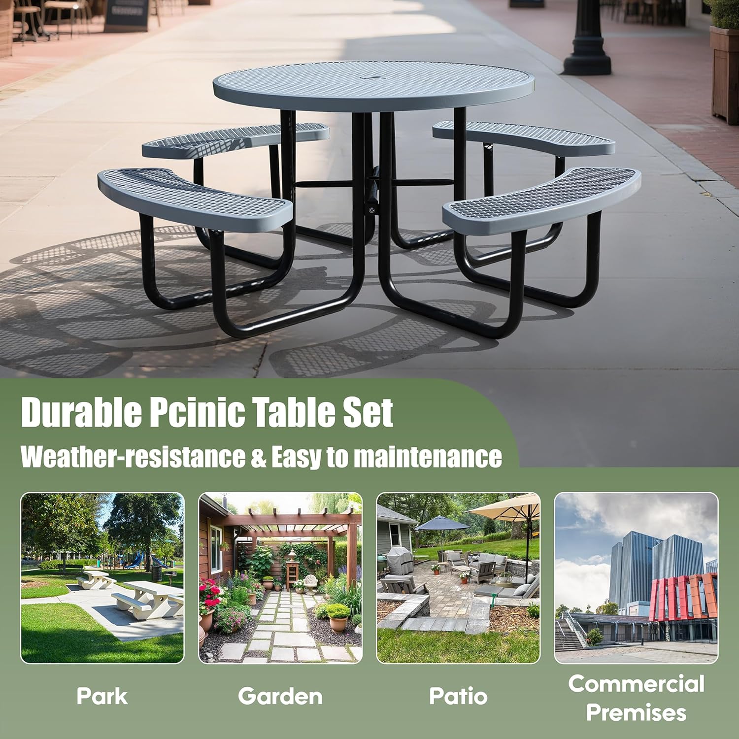 8-Person Picnic Tables for Outdoors, Industrial 46" Expanded Metal Round Picnic Table