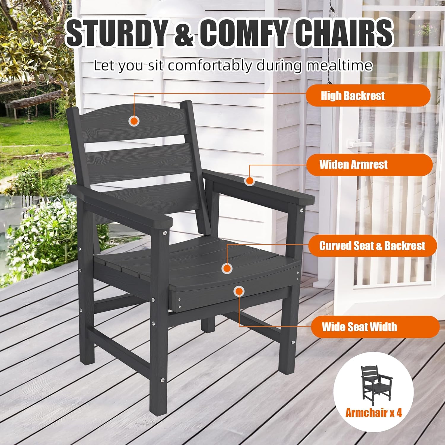 5-Piece HIPS Patio Dining Set, Outdoor Dining Table and Chairs Set with Umbrella Hole, Weatherproof Dining Table Set for 6 Person