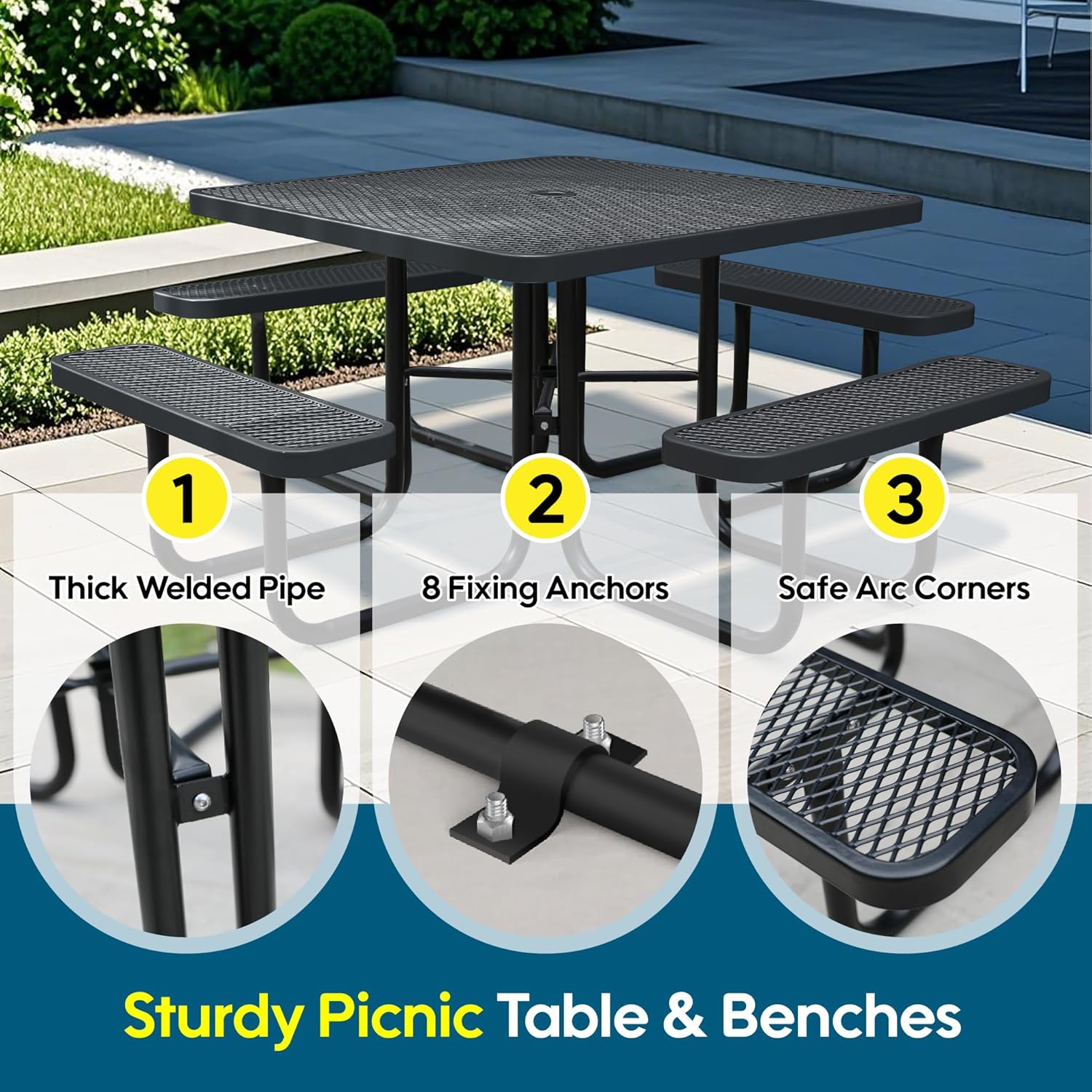 8-Person Picnic Tables for Outdoors, Industrial 46" Expanded Metal Square Picnic Table with 4 Benches & Umbrella Hole