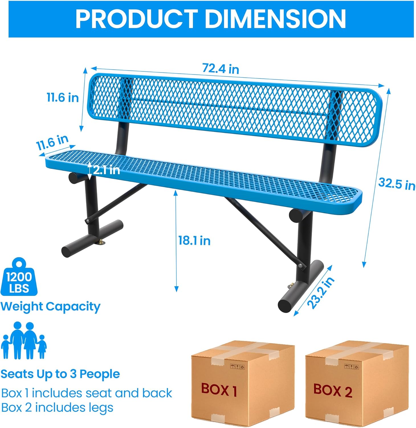 6 FT Steel Park Bench for Outside, Outdoor Bench with Backrest & Portable Frame, Thermoplastic Coating, Commercial Benches