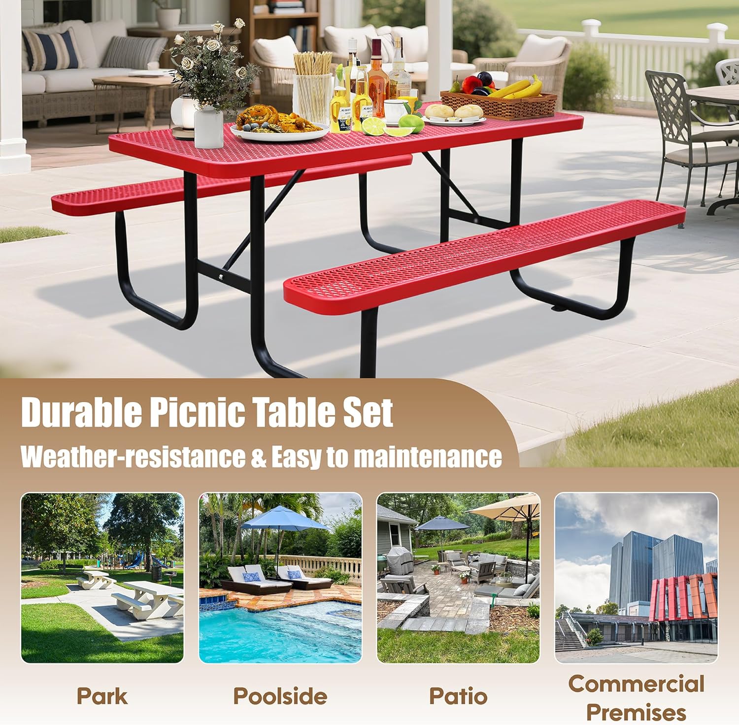 6FT Metal Picnic Tables for Outdoors, Commercial Rectangular Picnic Table and Bench Set