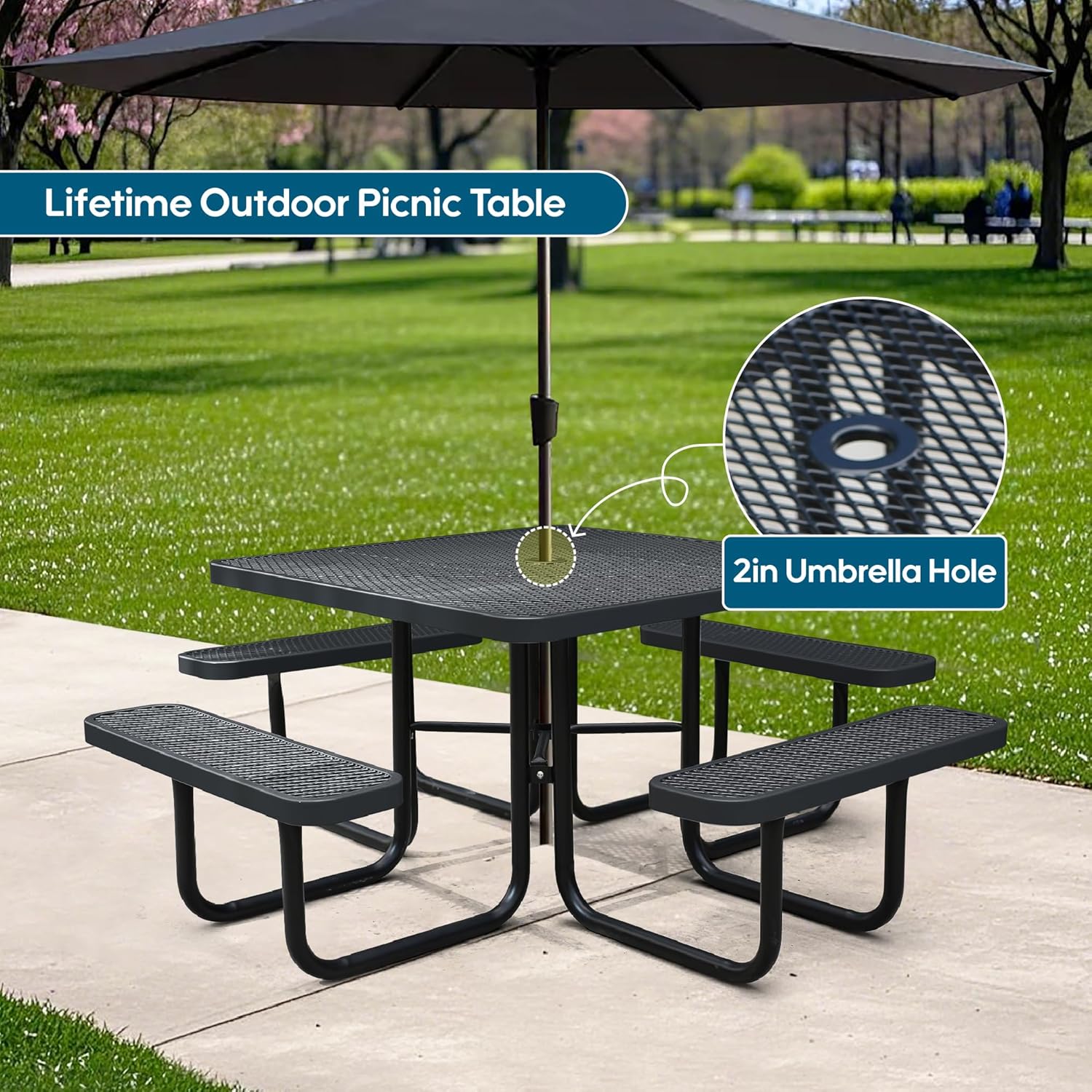 8-Person Picnic Tables for Outdoors, Industrial 46" Expanded Metal Square Picnic Table with 4 Benches & Umbrella Hole