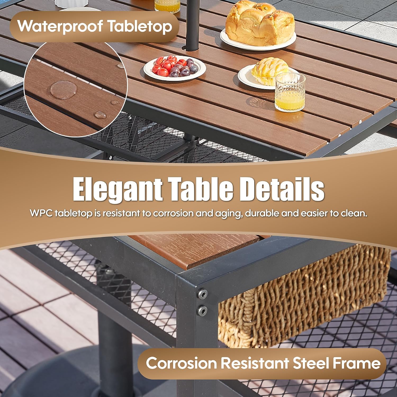 55'' Outdoor Picnic Table and Bench Set with 2" Umbrella Hole and Storage Shelf, Patio Dining Set for 6 People