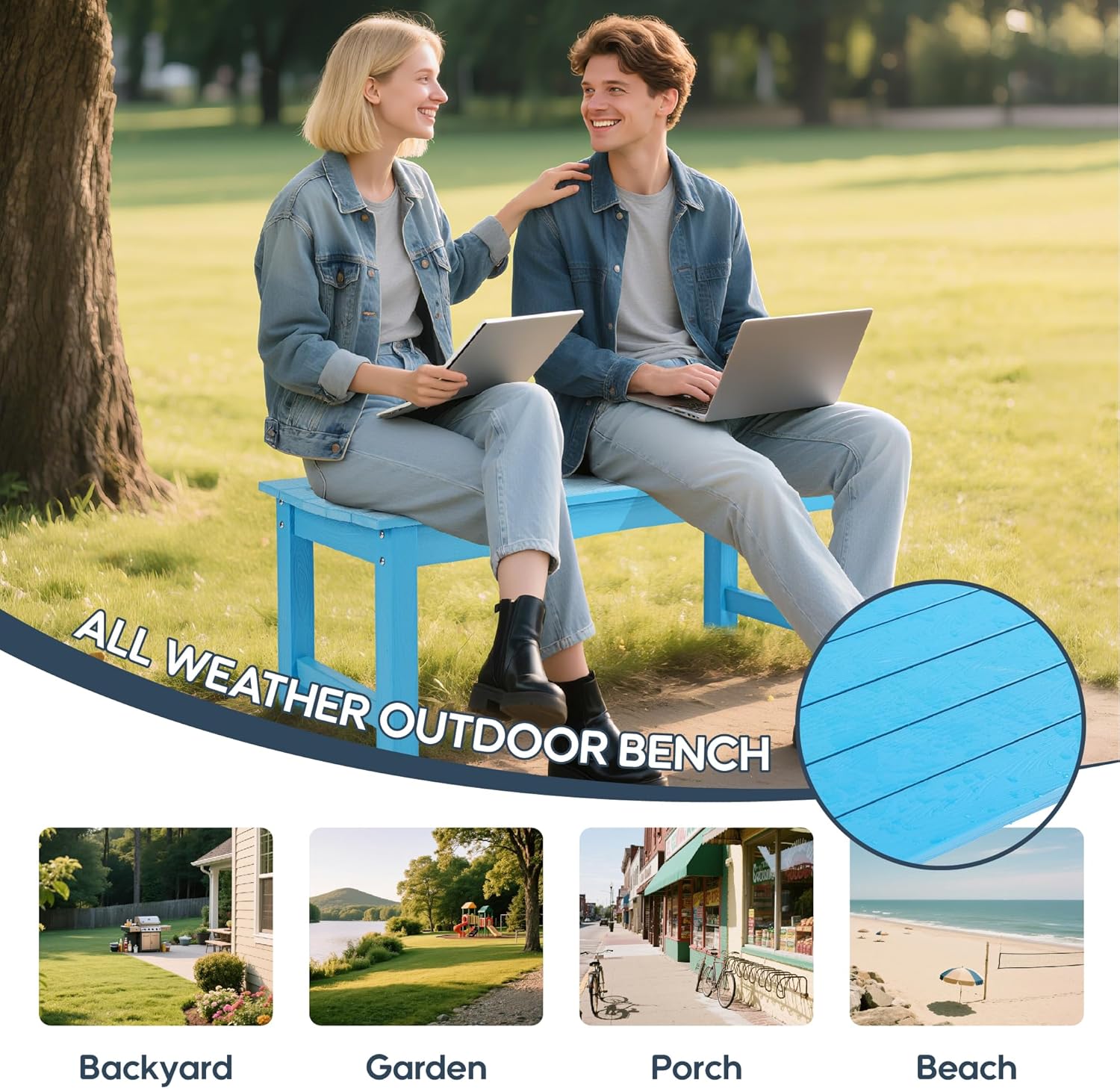 Weatherproof HIPS Outdoor Bench, 2-Person Patio Dining Bench, All-Weather Poly Lumber Garden Bench