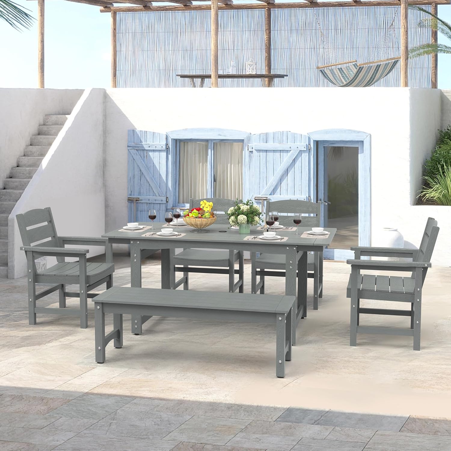 6-Piece HIPS Patio Dining Set, Outdoor Dining Table and Chairs Set with Umbrella Hole, Weatherproof Dining Table Set for 6 Person