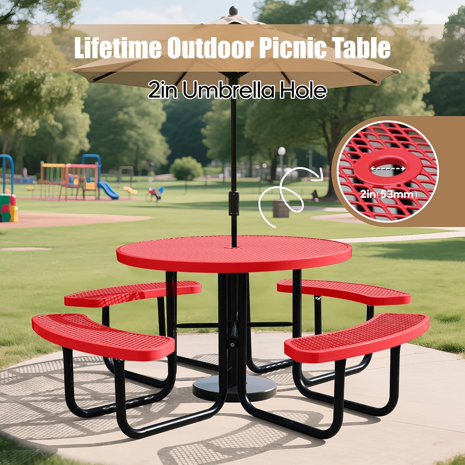 8-Person Picnic Tables for Outdoors, Industrial 46" Expanded Metal Round Picnic Table with 4 Benches & Umbrella Hole