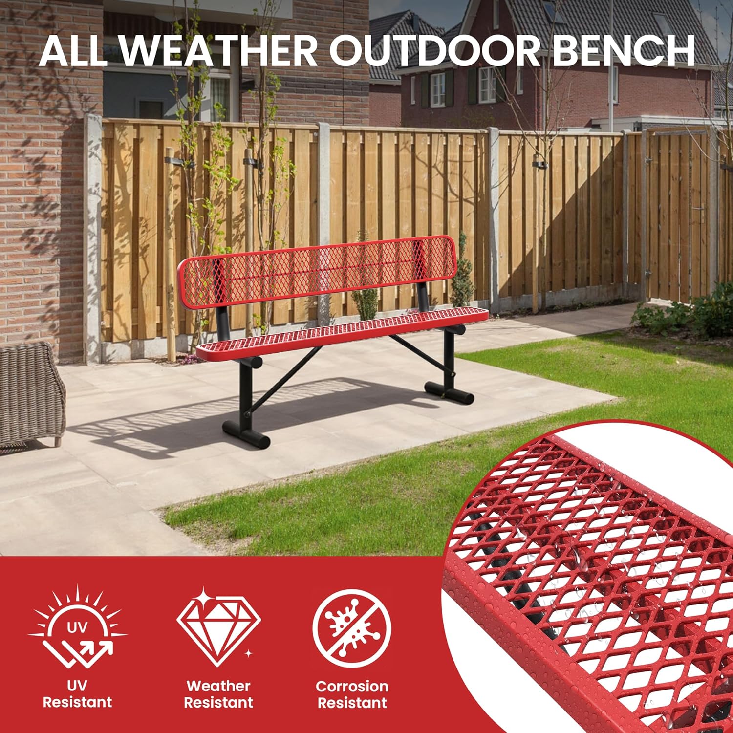 6 Feet Steel Park Bench for Outside, Outdoor Bench with Backrest & Portable Frame