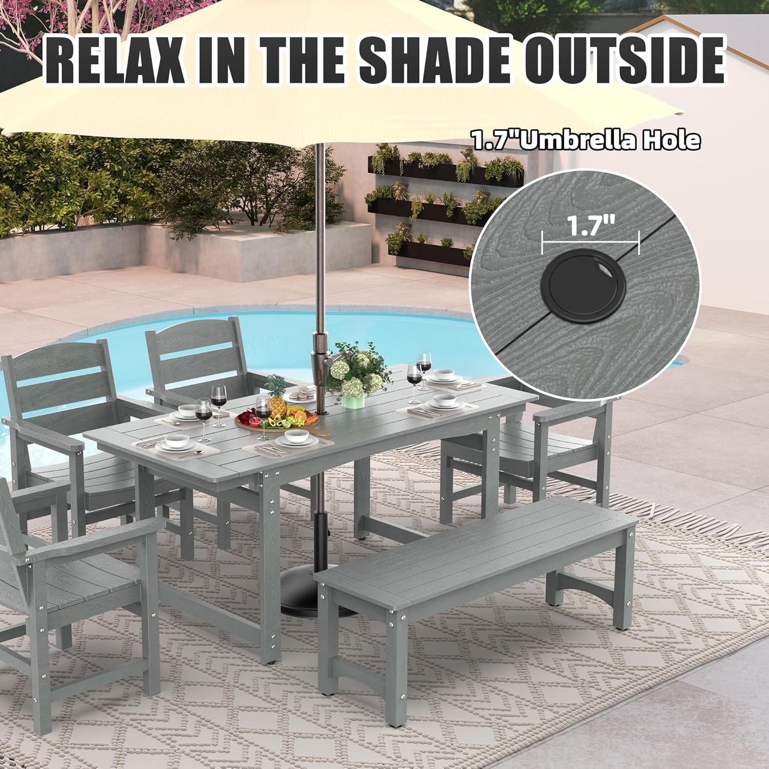 6-Piece HIPS Patio Dining Set, Outdoor Dining Table and Chairs Set with Umbrella Hole, Weatherproof Dining Table Set for 6 Person
