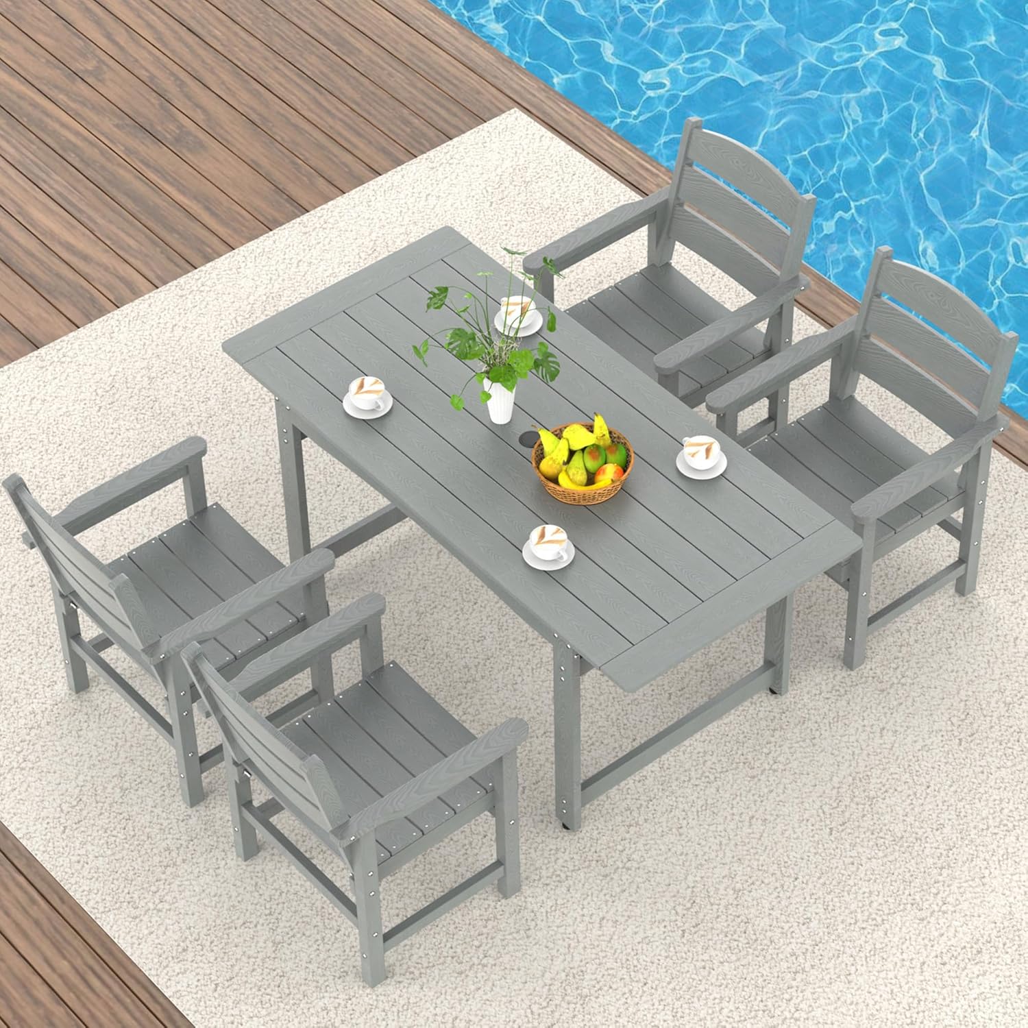 5-Piece HIPS Patio Dining Set, Outdoor Dining Table and Chairs Set with Umbrella Hole, Weatherproof Dining Table Set for 4 Person